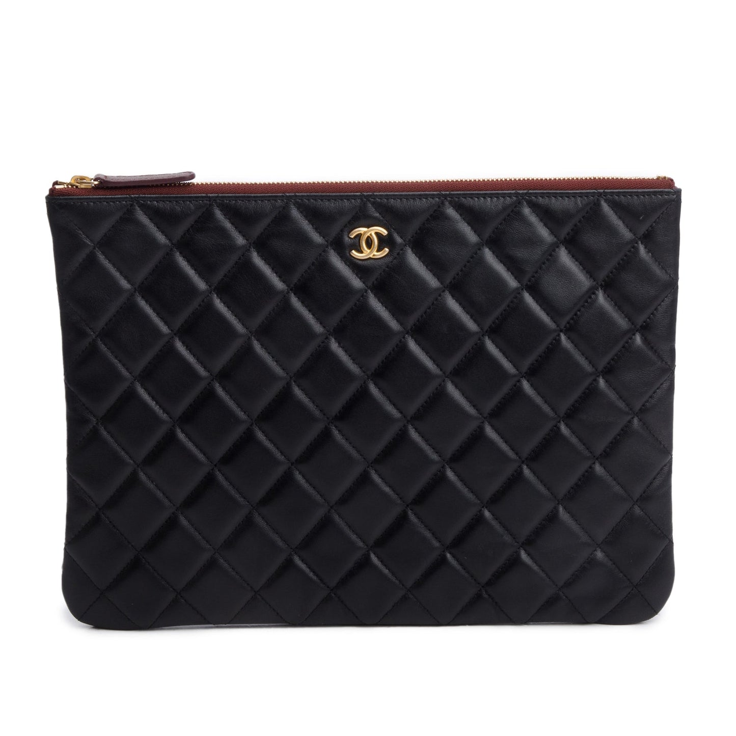 Chanel Black Quilted Lambskin Leather Medium O-Case Clutch w /Authenticity Card