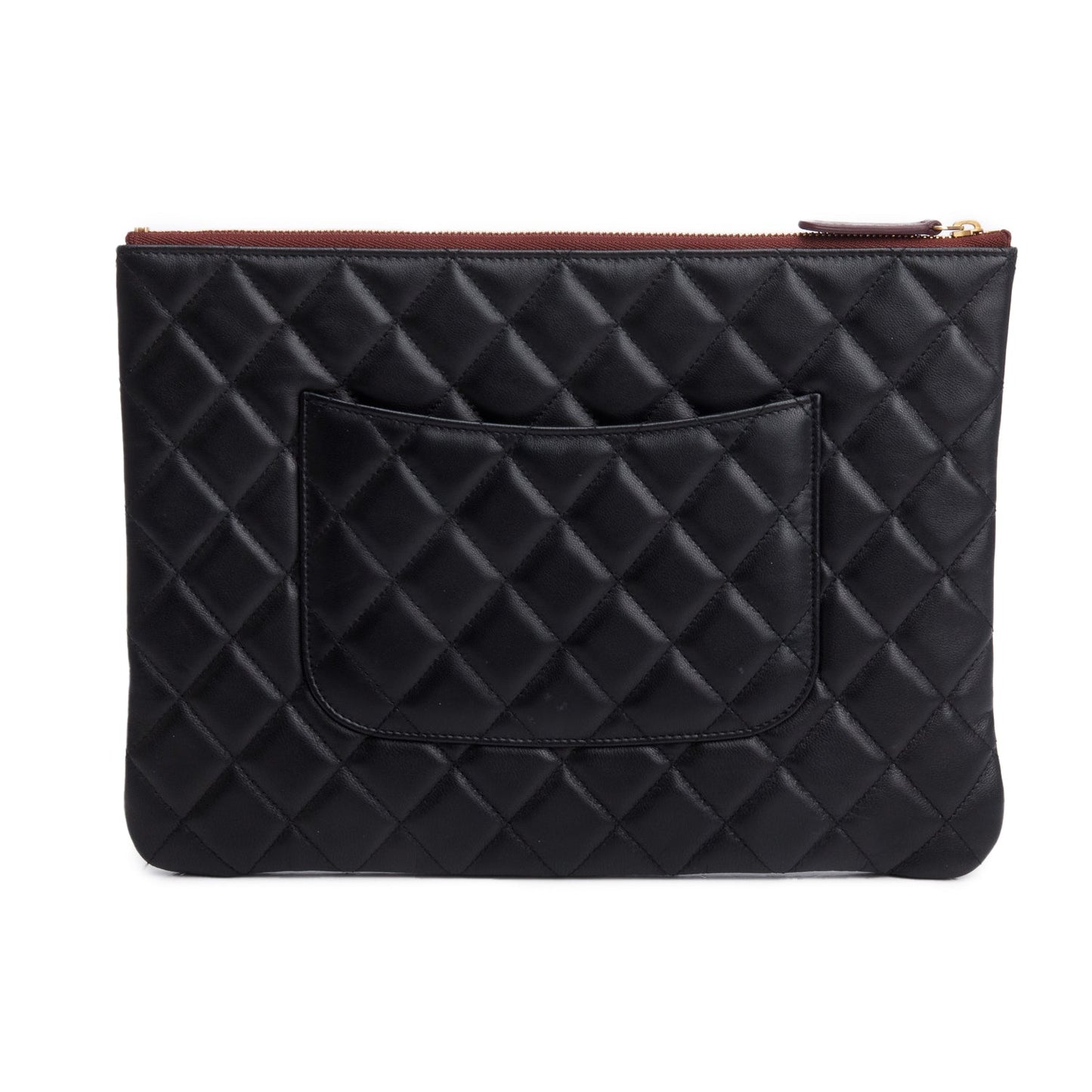 Chanel Black Quilted Lambskin Leather Medium O-Case Clutch w /Authenticity Card