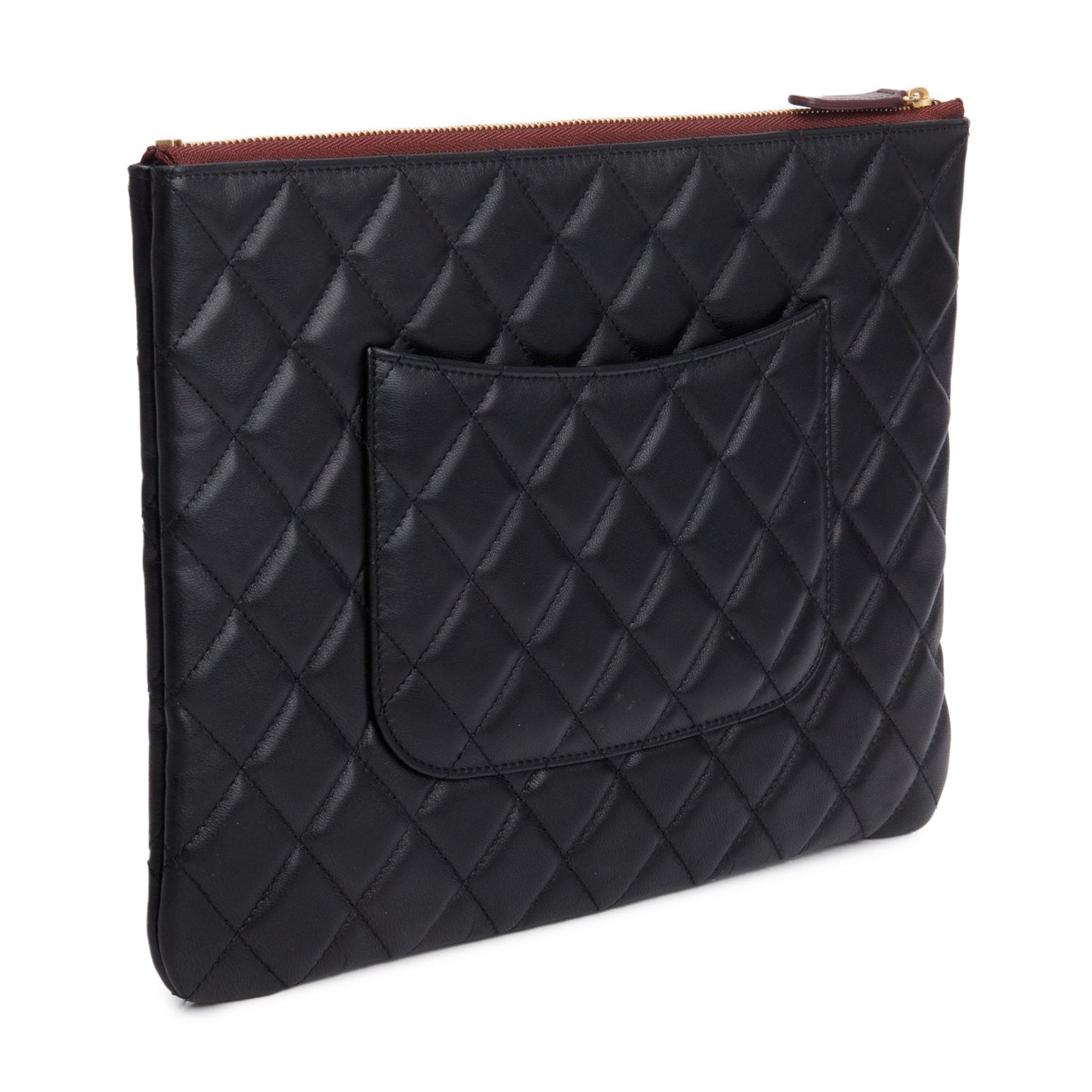 Chanel Black Quilted Lambskin Leather Medium O-Case Clutch w /Authenticity Card