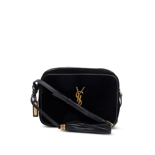 Saint Laurent Black Velvet Medium Lou Chevron Camera Bag
