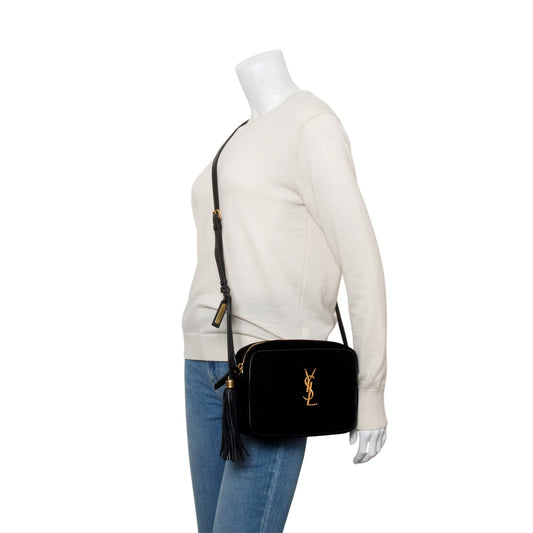 Saint Laurent Black Velvet Medium Lou Chevron Camera Bag