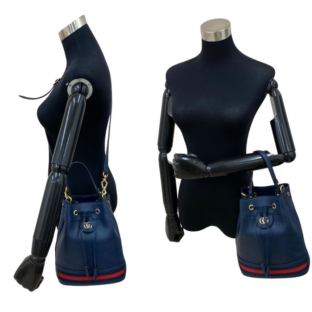 GUCCI Shoulder Bag leather Navy GG logo Metal Sherry line Ophidia Small Bucket Women