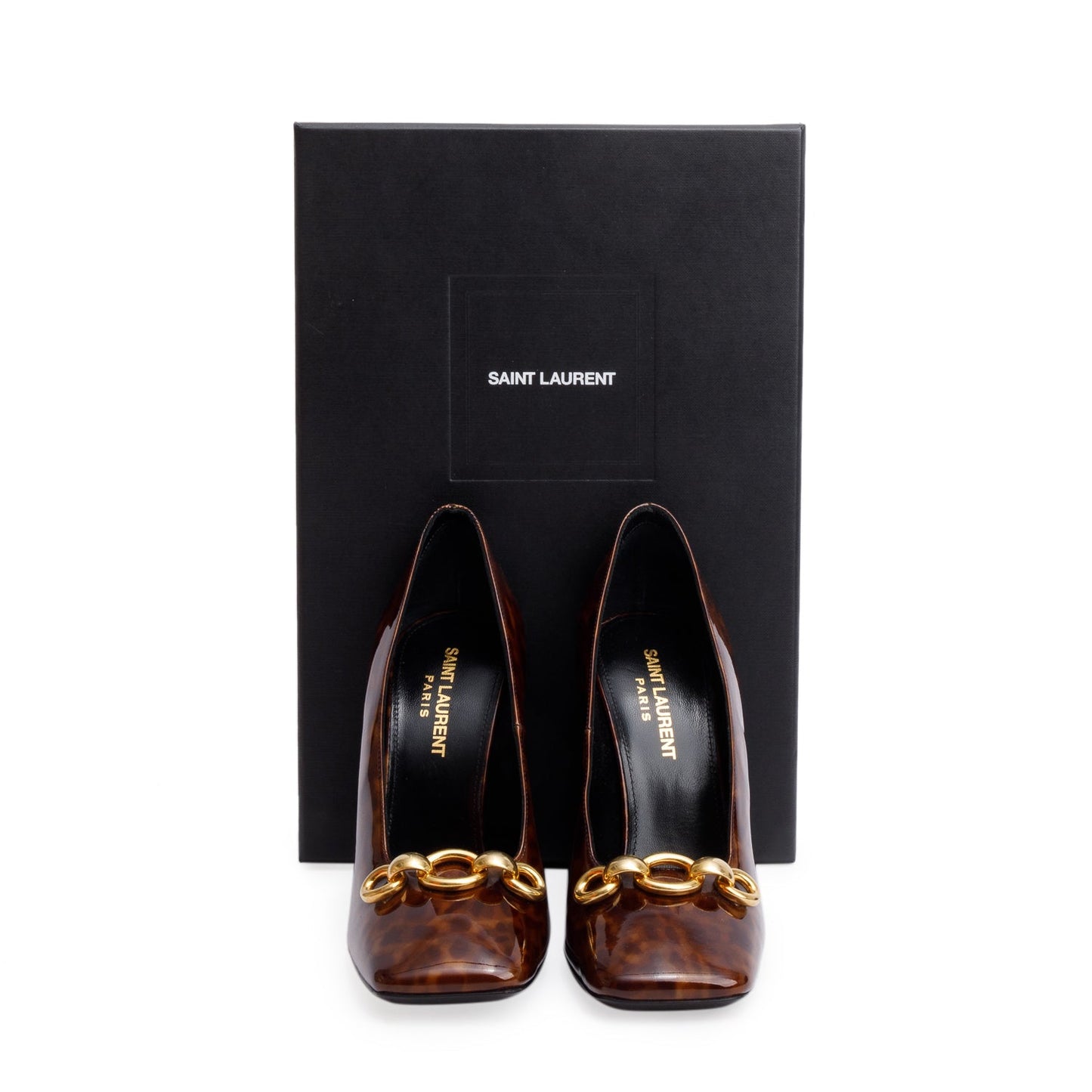 Saint Laurent Brown Leopard Print Patent Leather Chain-Link Accent Swing 110 Pumps, Size 36.5