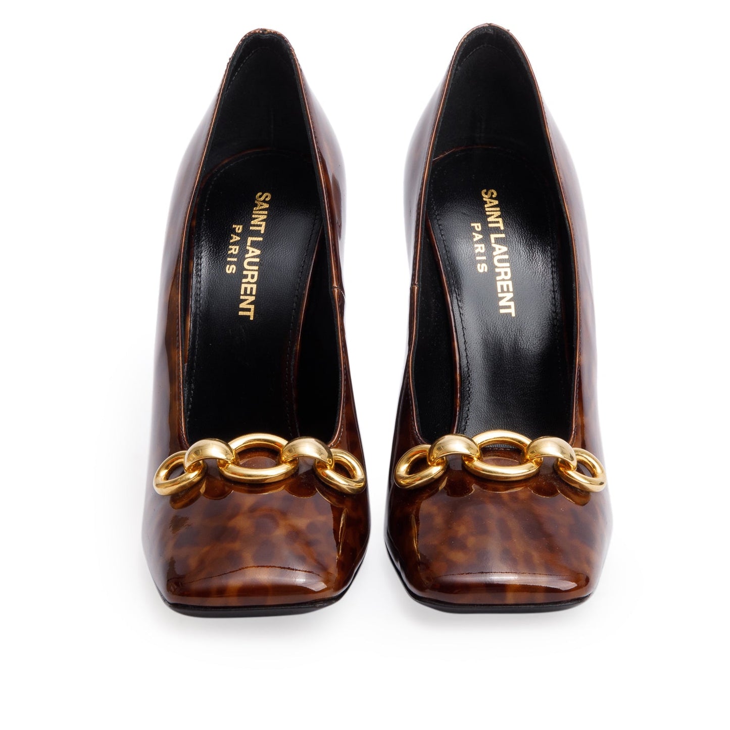 Saint Laurent Brown Leopard Print Patent Leather Chain-Link Accent Swing 110 Pumps, Size 36.5