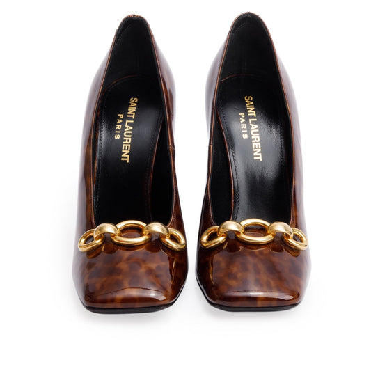Saint Laurent Brown Leopard Print Patent Leather Chain-Link Accent Swing 110 Pumps, Size 36.5