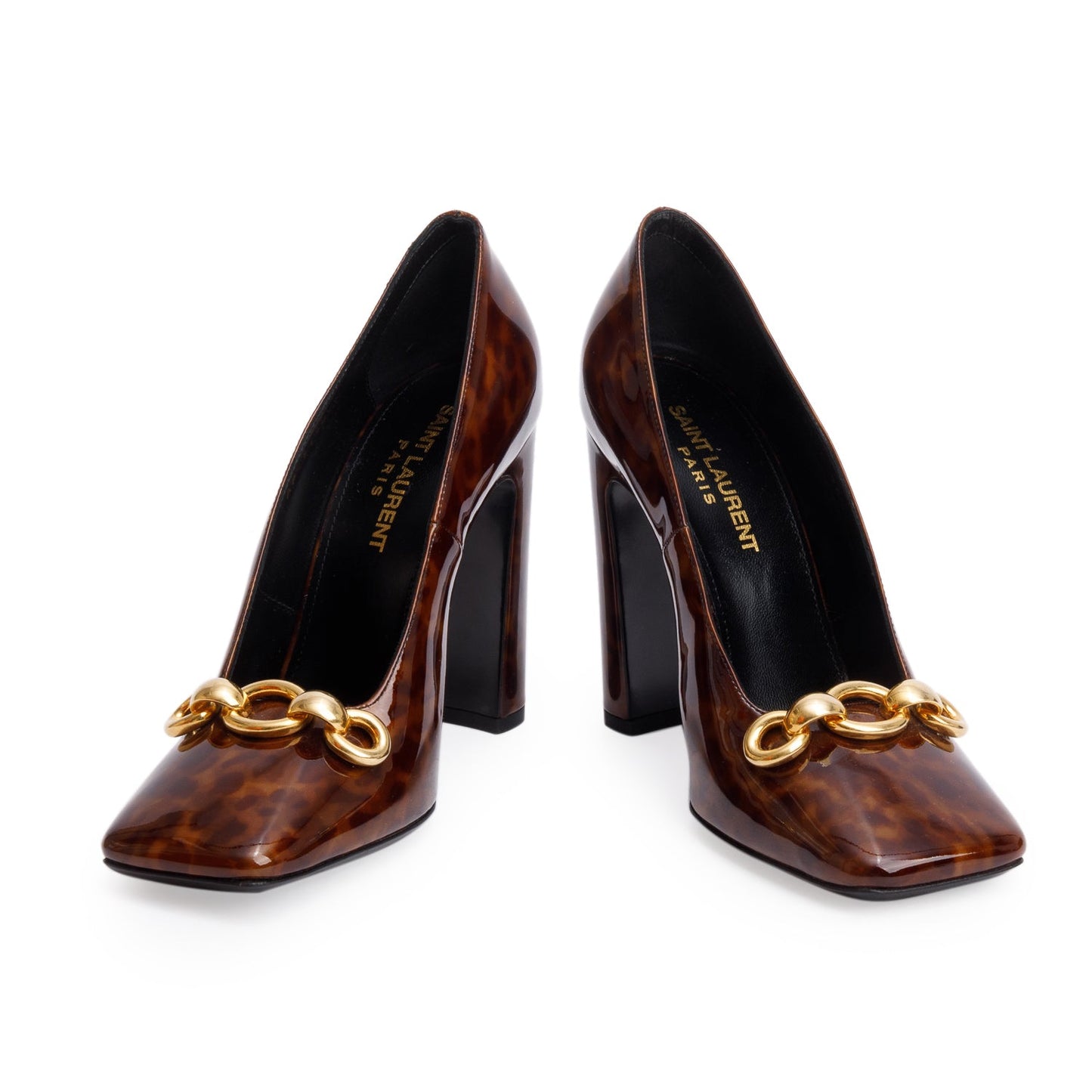 Saint Laurent Brown Leopard Print Patent Leather Chain-Link Accent Swing 110 Pumps, Size 36.5