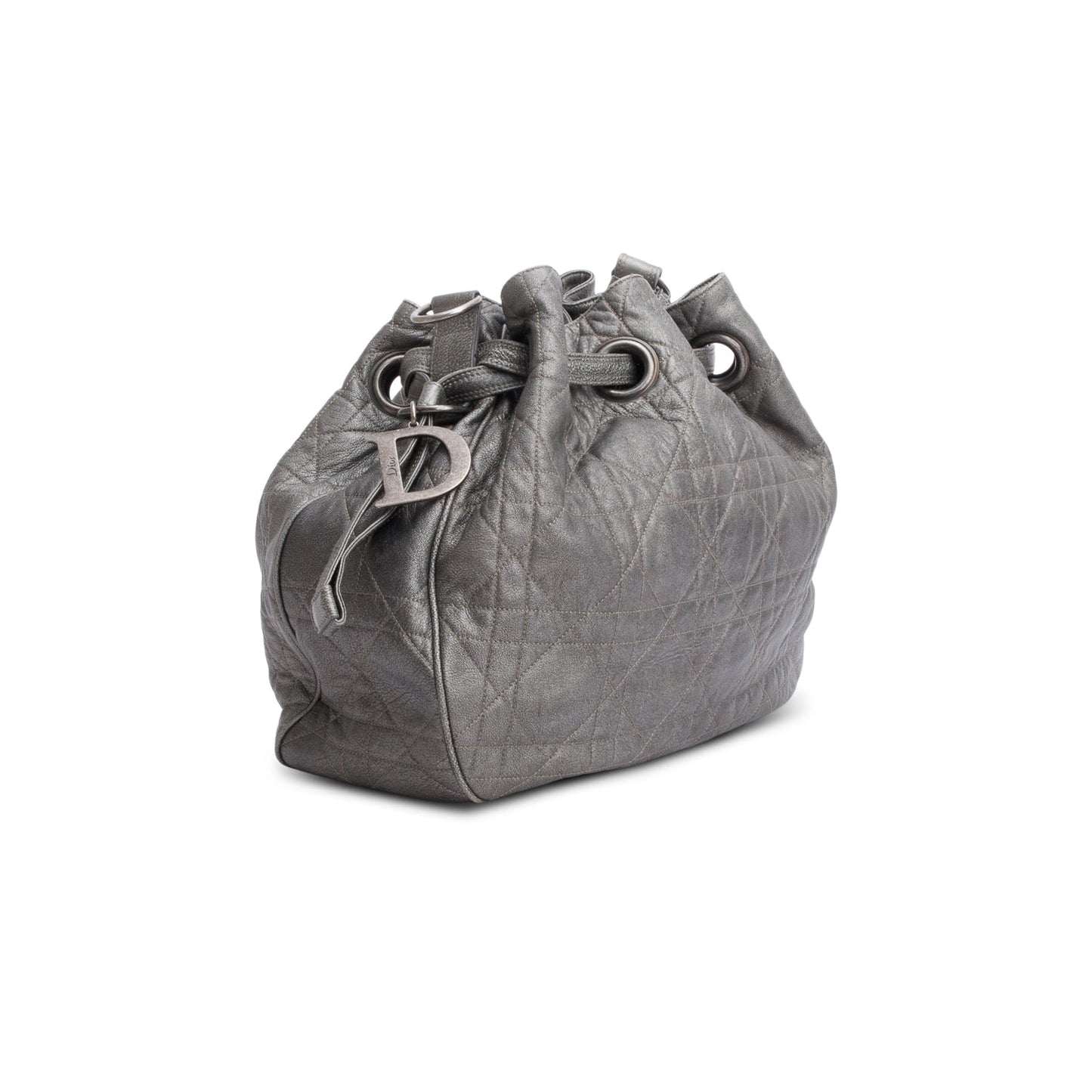 Christian Dior Silver Cannage Quilted Leather Drawstring Tote Bag