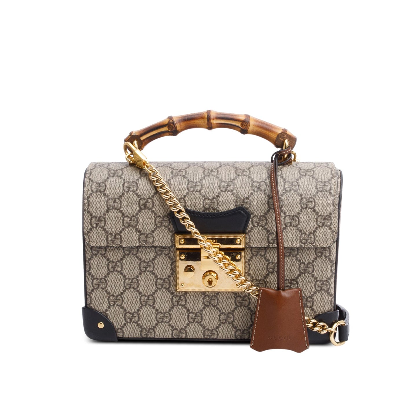 Gucci GG Supreme Brown Leather Trim Small Padlock Bamboo Handle Bag