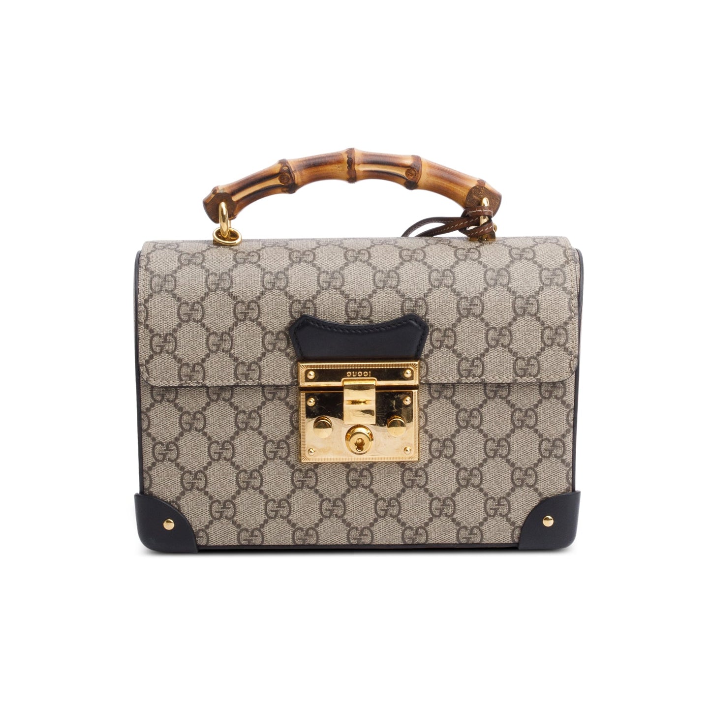 Gucci GG Supreme Brown Leather Trim Small Padlock Bamboo Handle Bag