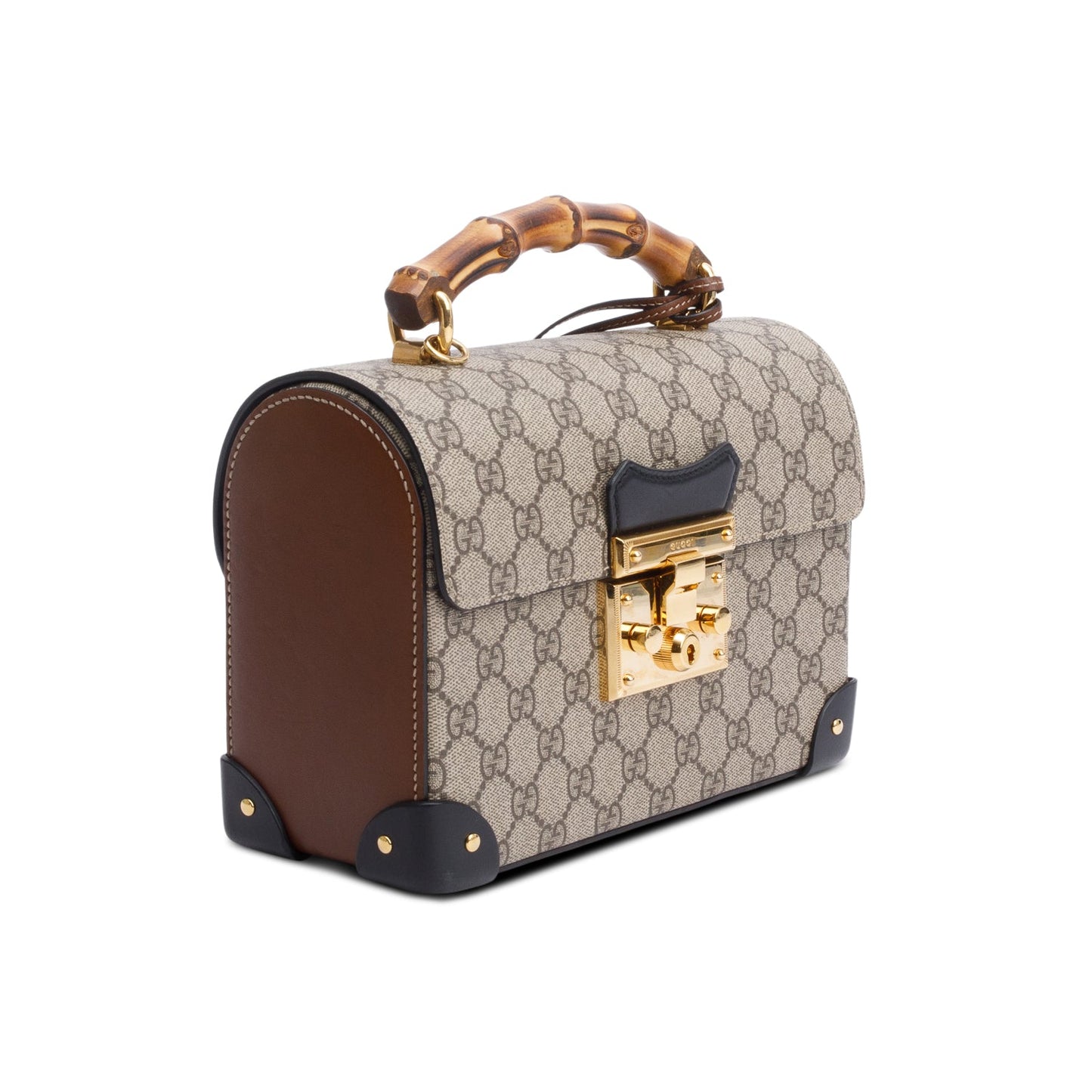 Gucci GG Supreme Brown Leather Trim Small Padlock Bamboo Handle Bag