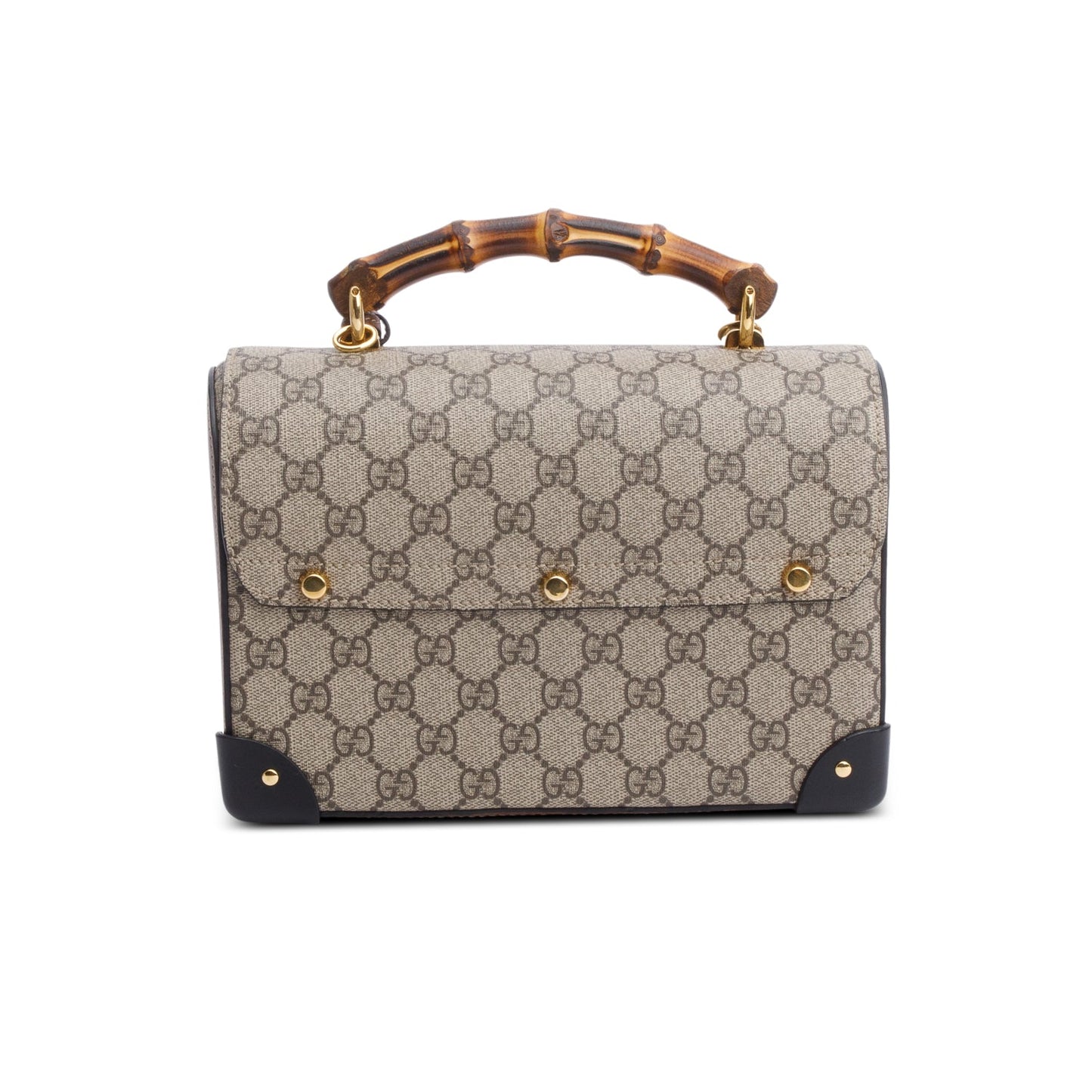 Gucci GG Supreme Brown Leather Trim Small Padlock Bamboo Handle Bag