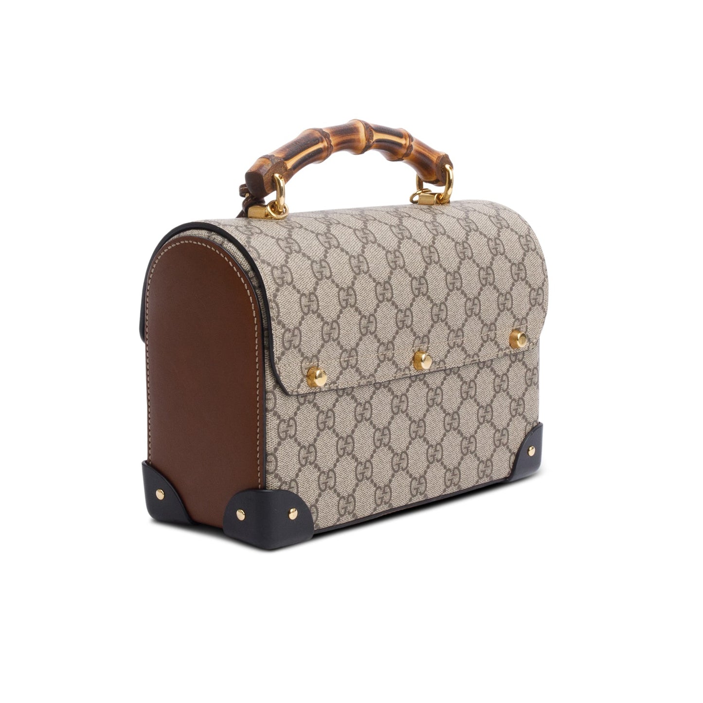 Gucci GG Supreme Brown Leather Trim Small Padlock Bamboo Handle Bag