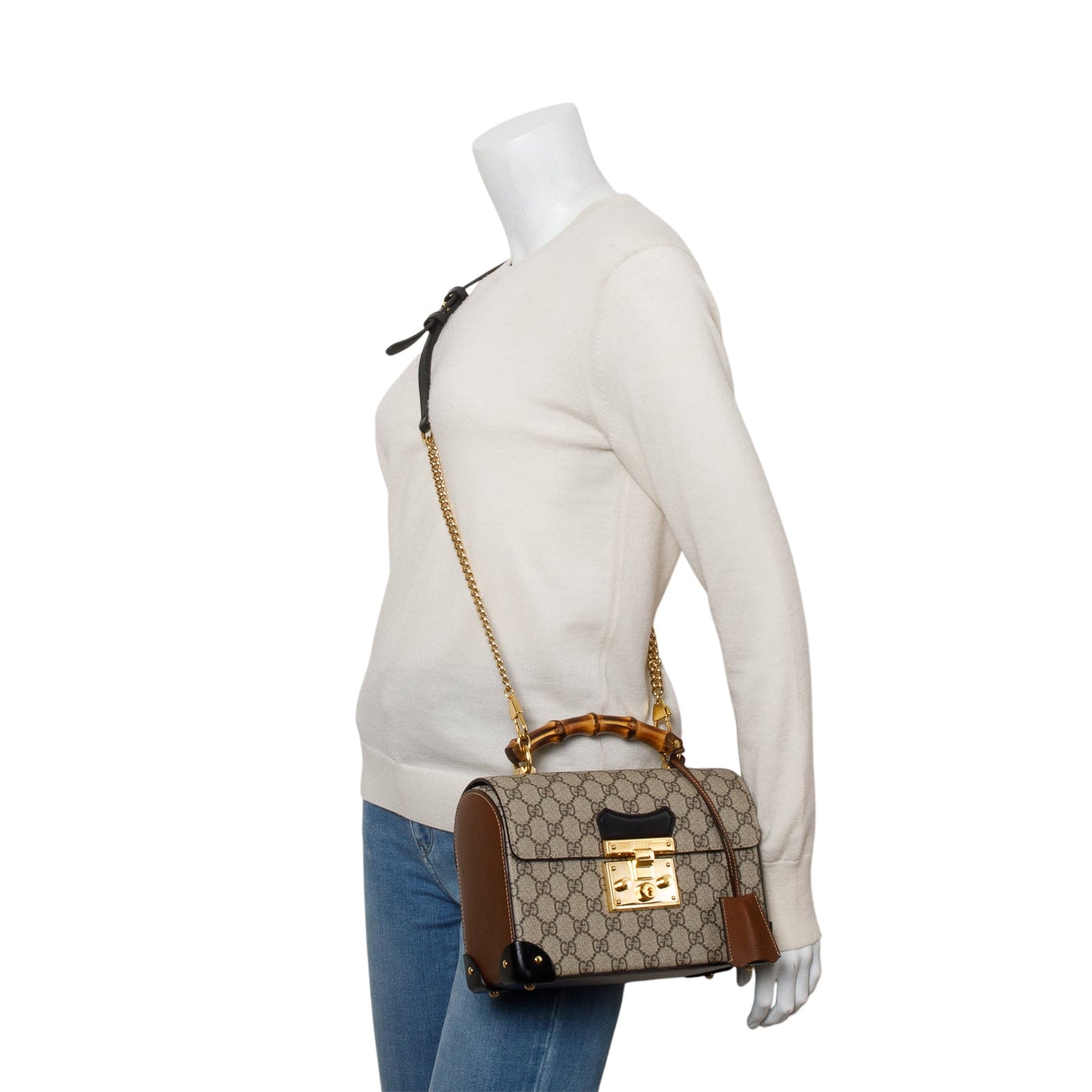 Gucci GG Supreme Brown Leather Trim Small Padlock Bamboo Handle Bag