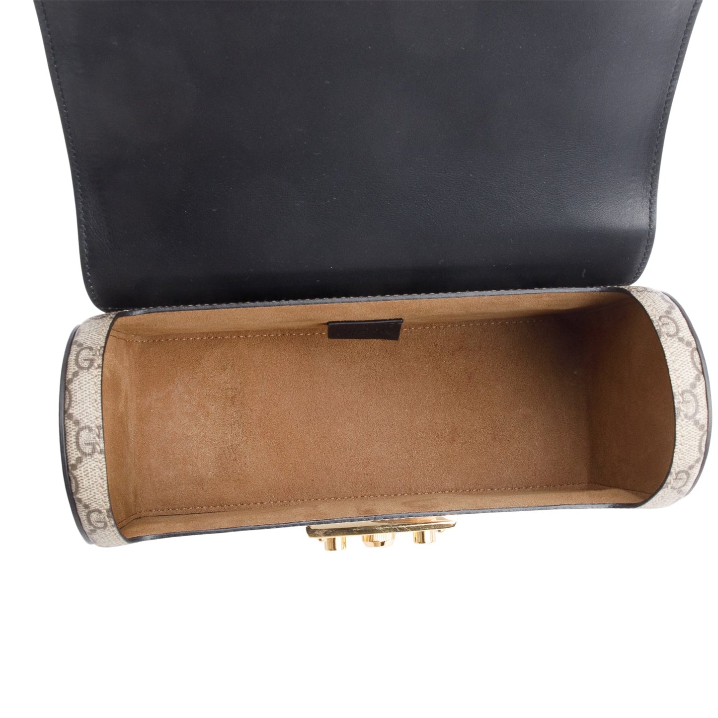 Gucci GG Supreme Brown Leather Trim Small Padlock Bamboo Handle Bag