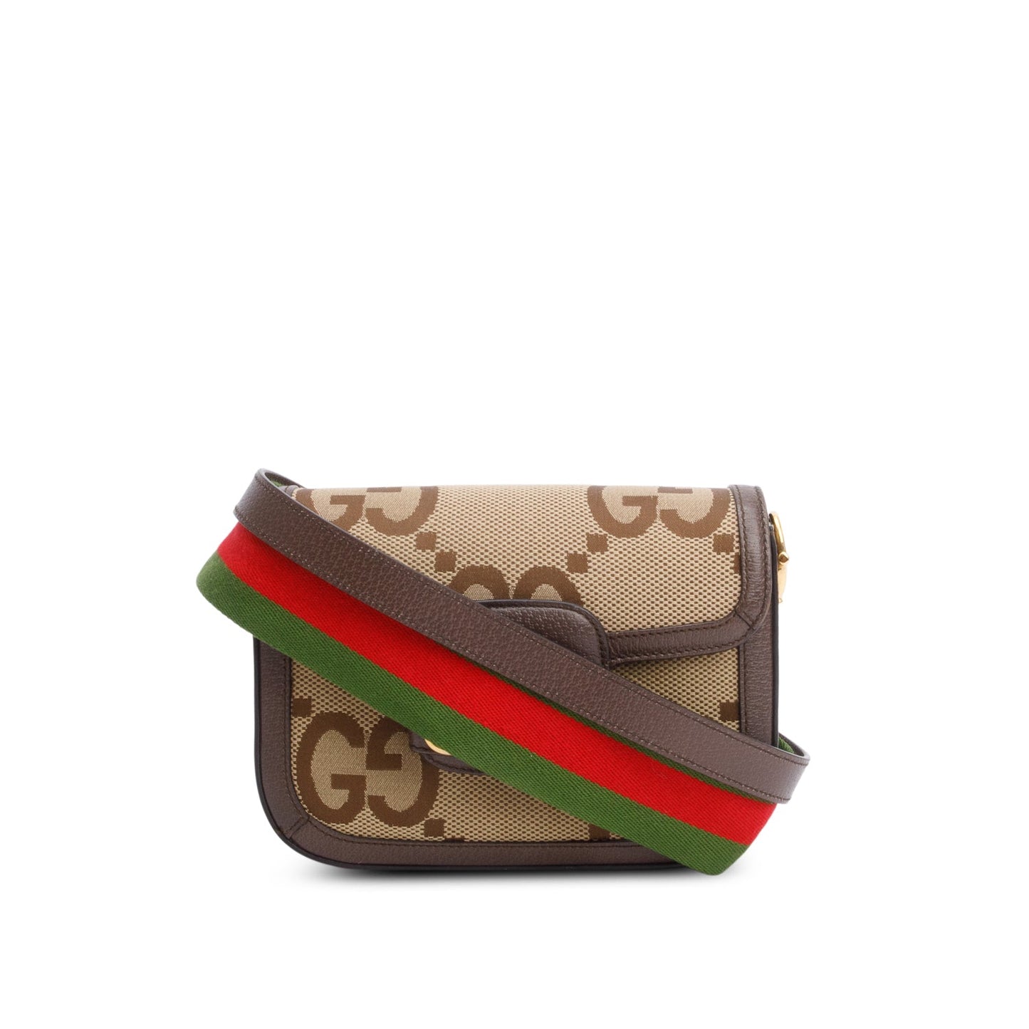 Gucci Jumbo GG Canvas Brown Leather Trim Horsebit 1955 Small Shoulder Bag