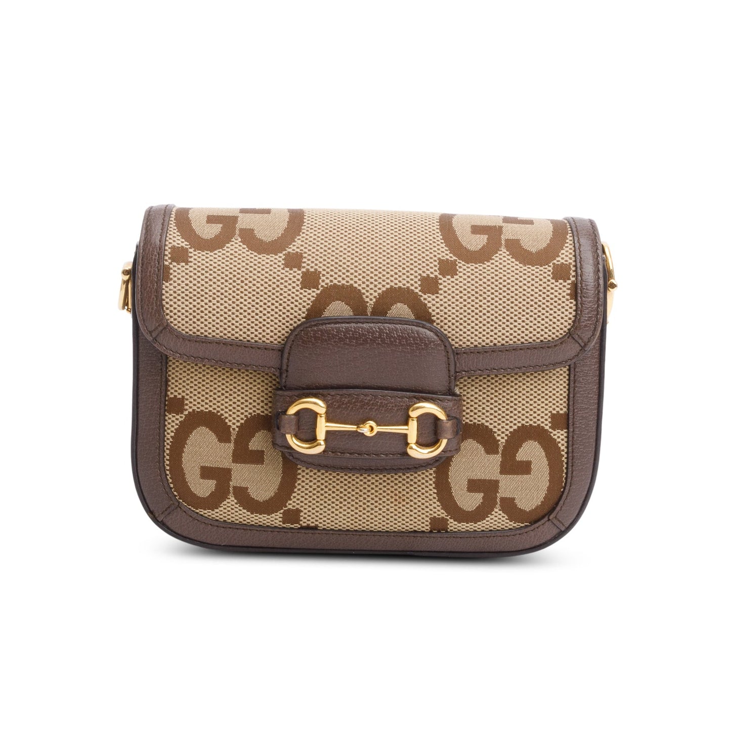 Gucci Jumbo GG Canvas Brown Leather Trim Horsebit 1955 Small Shoulder Bag