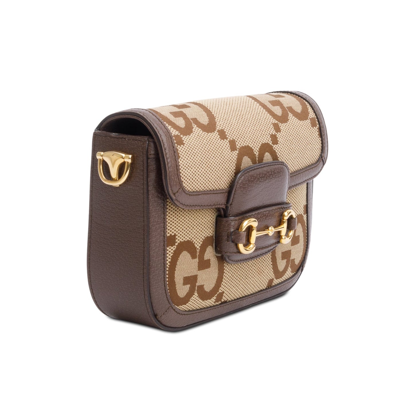 Gucci Jumbo GG Canvas Brown Leather Trim Horsebit 1955 Small Shoulder Bag