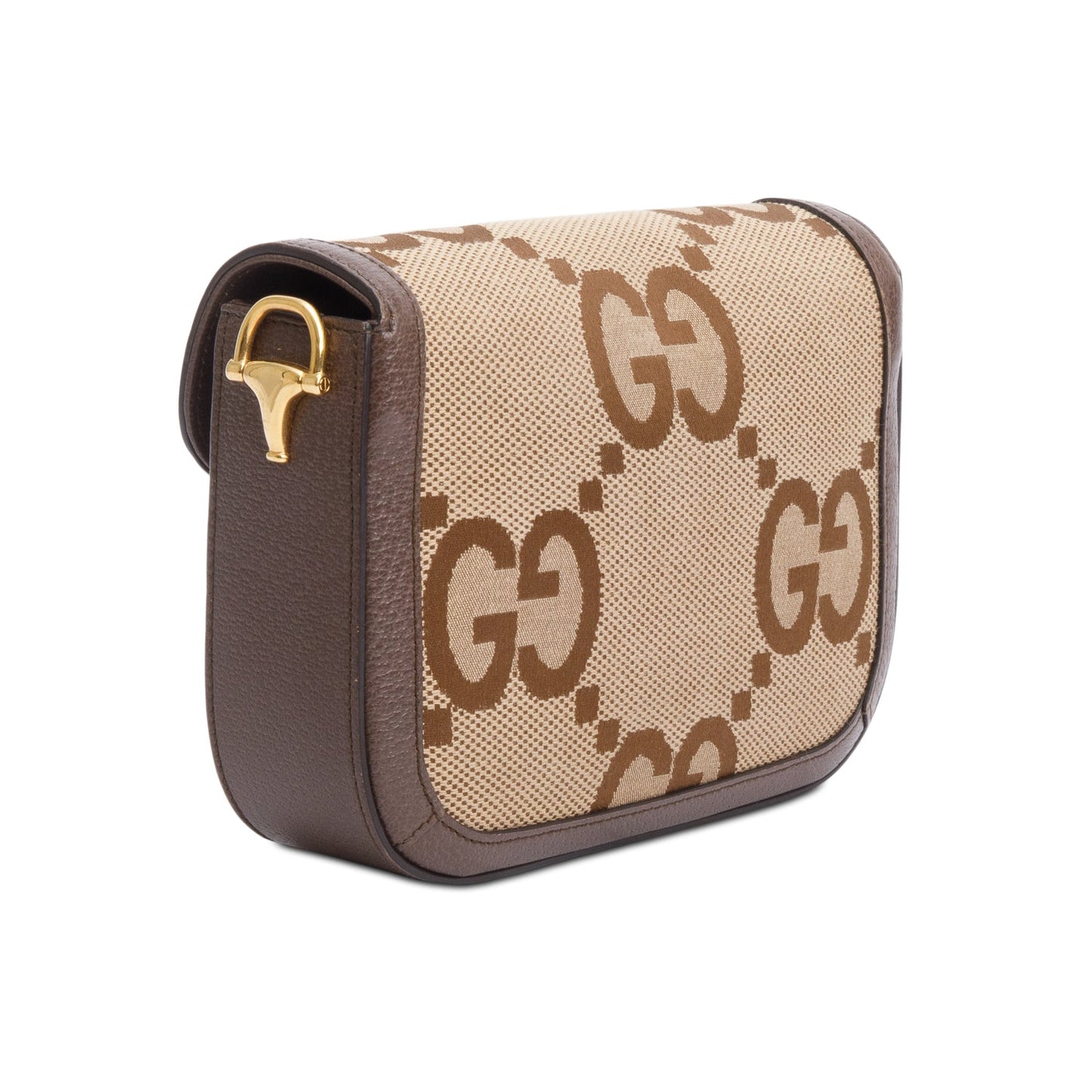 Gucci Jumbo GG Canvas Brown Leather Trim Horsebit 1955 Small Shoulder Bag