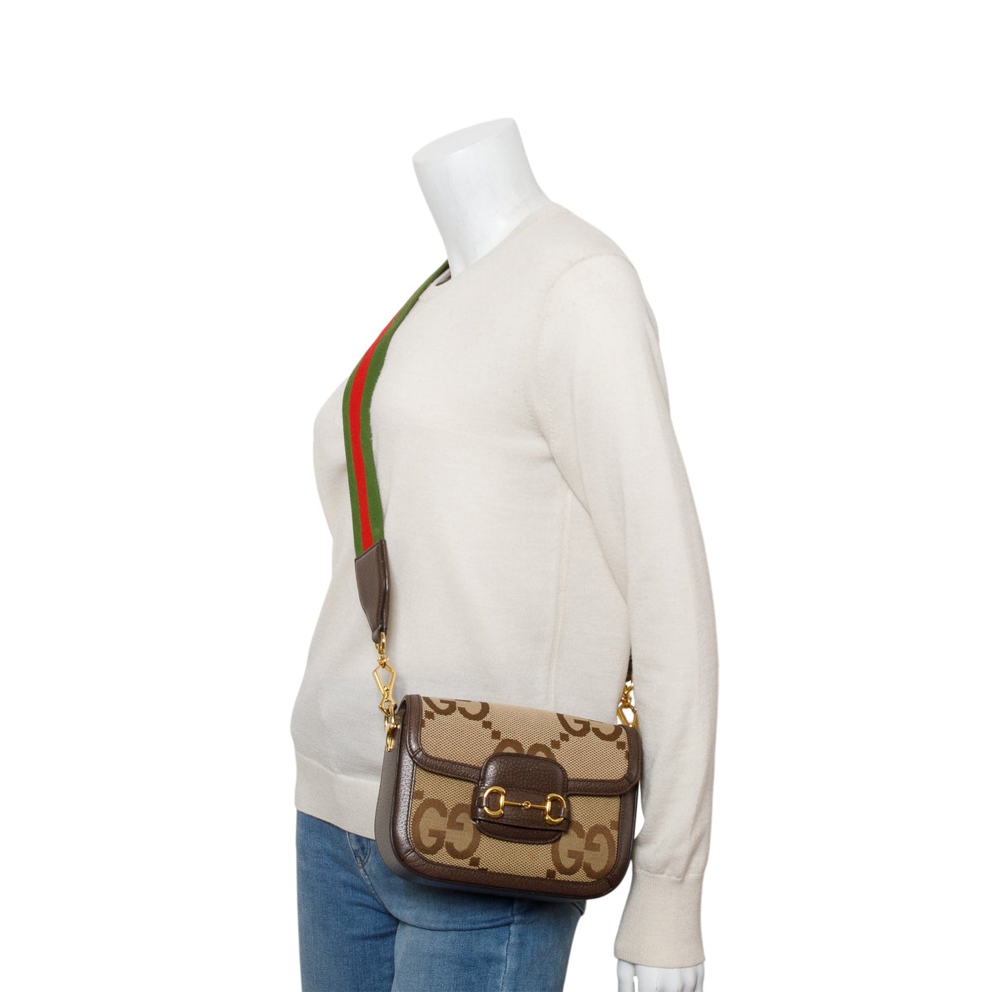Gucci Jumbo GG Canvas Brown Leather Trim Horsebit 1955 Small Shoulder Bag