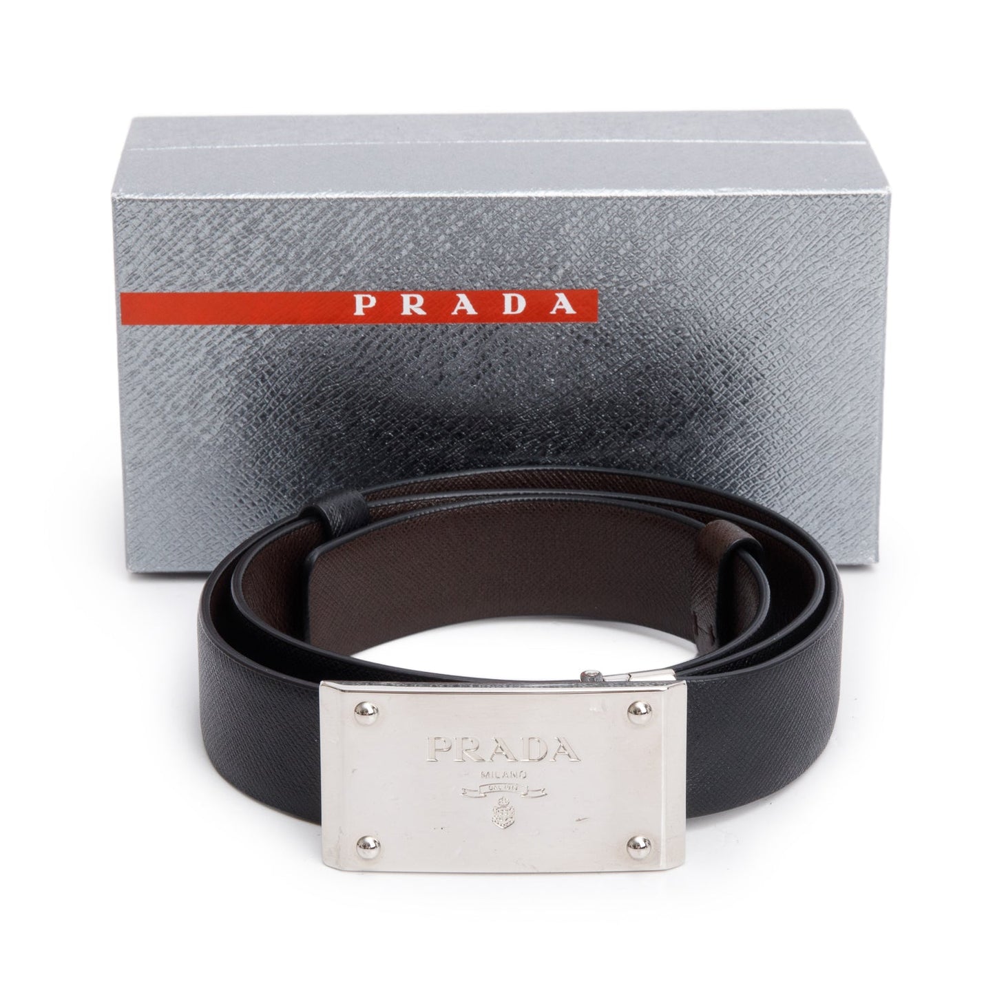 Prada Black/Brown Leather Rectangle Buckle Reversible Belt 85 34