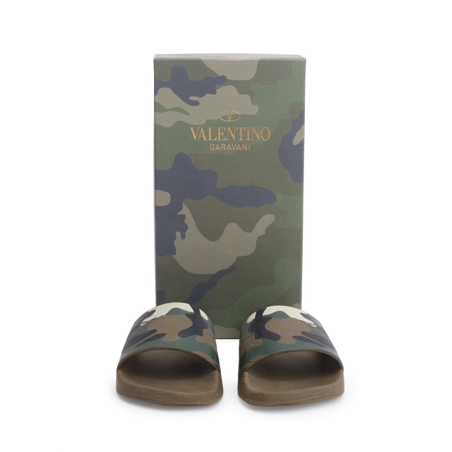 Valentino Green Camouflage Rubber Slide Sandals, Size 37