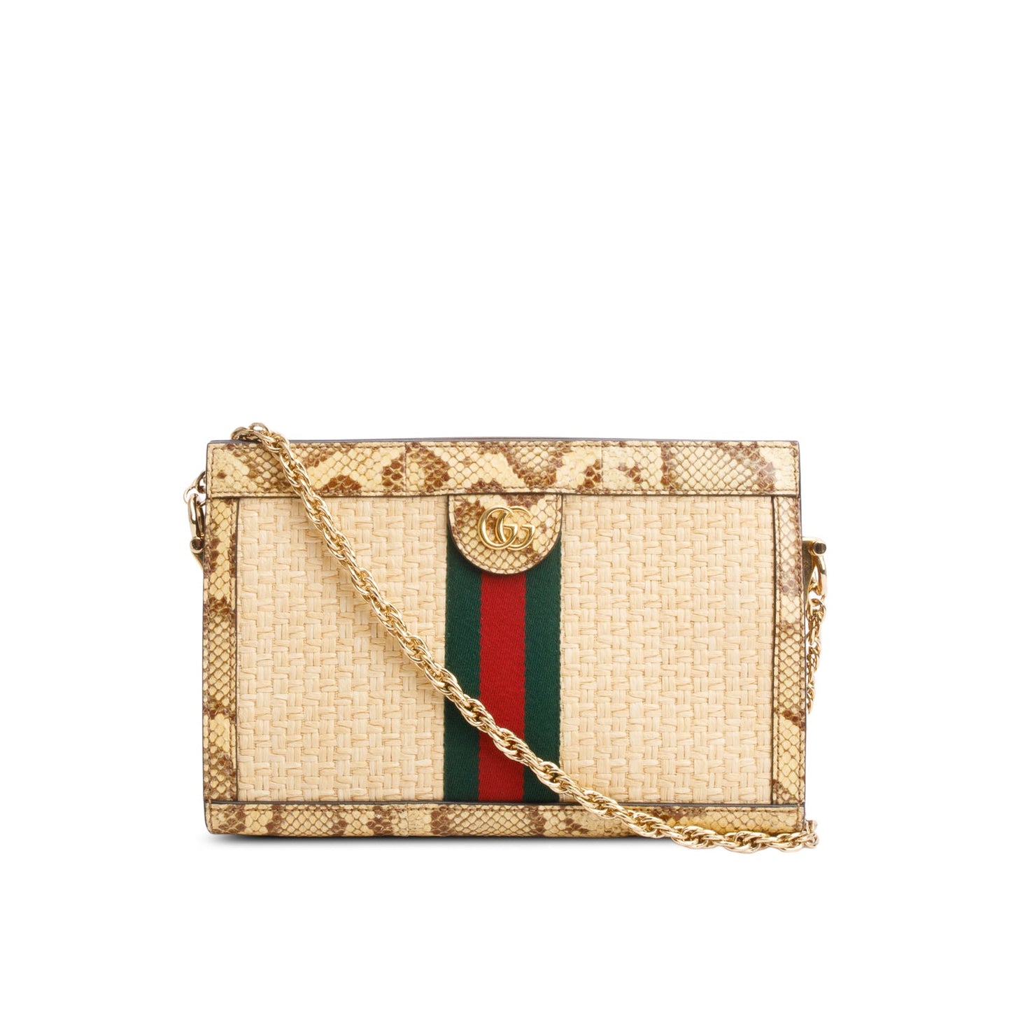 Gucci Beige Raffia Python GG Small Ophidia Chain Shoulder Bag