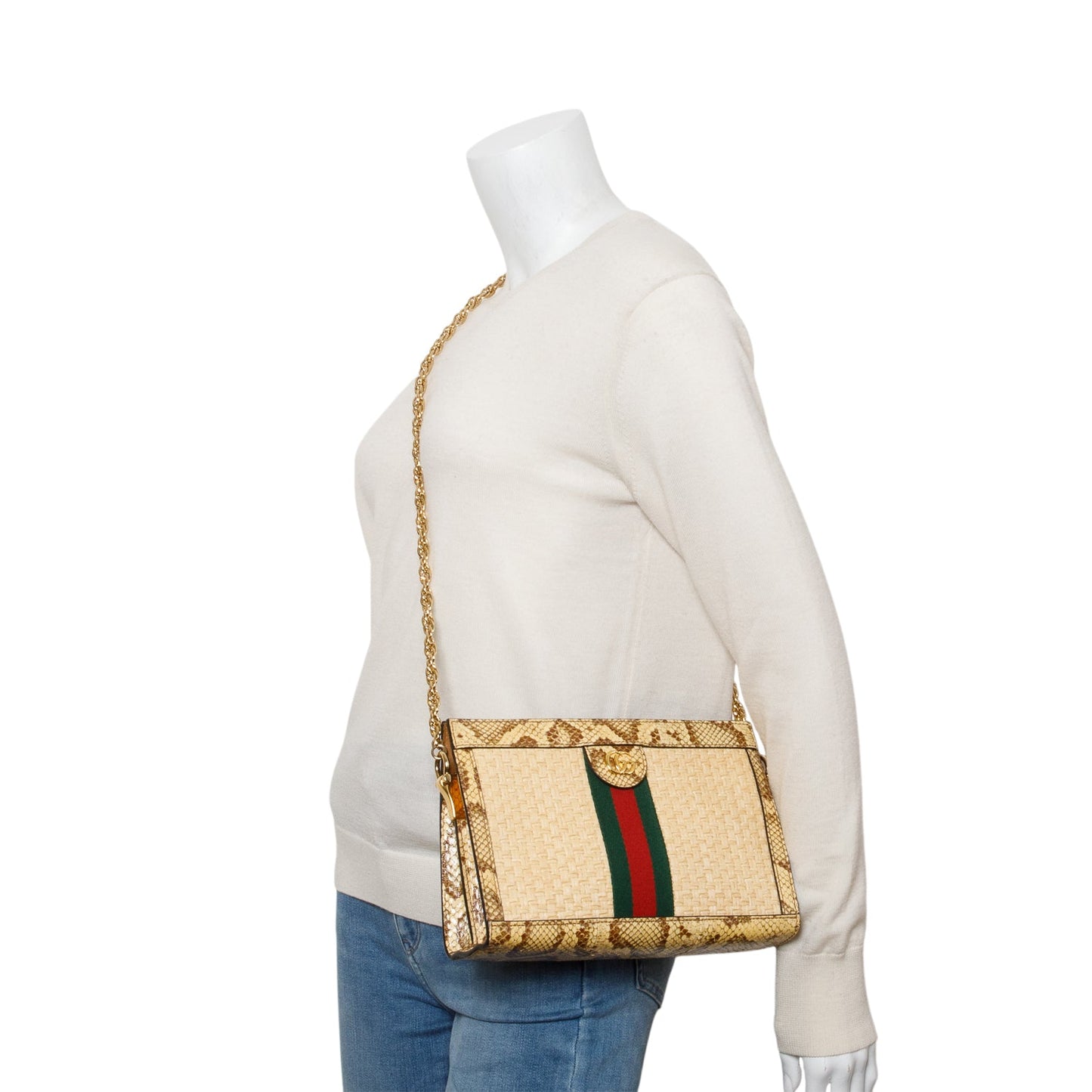 Gucci Beige Raffia Python GG Small Ophidia Chain Shoulder Bag