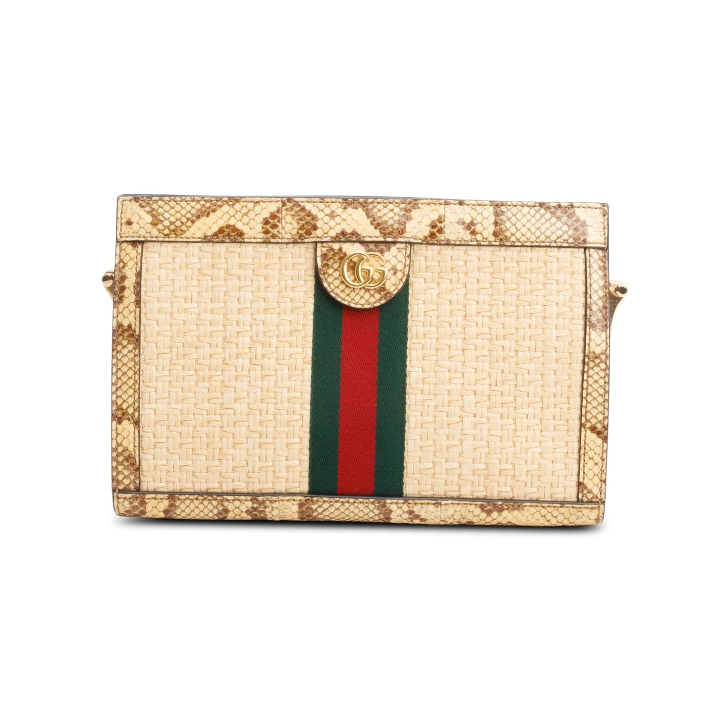 Gucci Beige Raffia Python GG Small Ophidia Chain Shoulder Bag