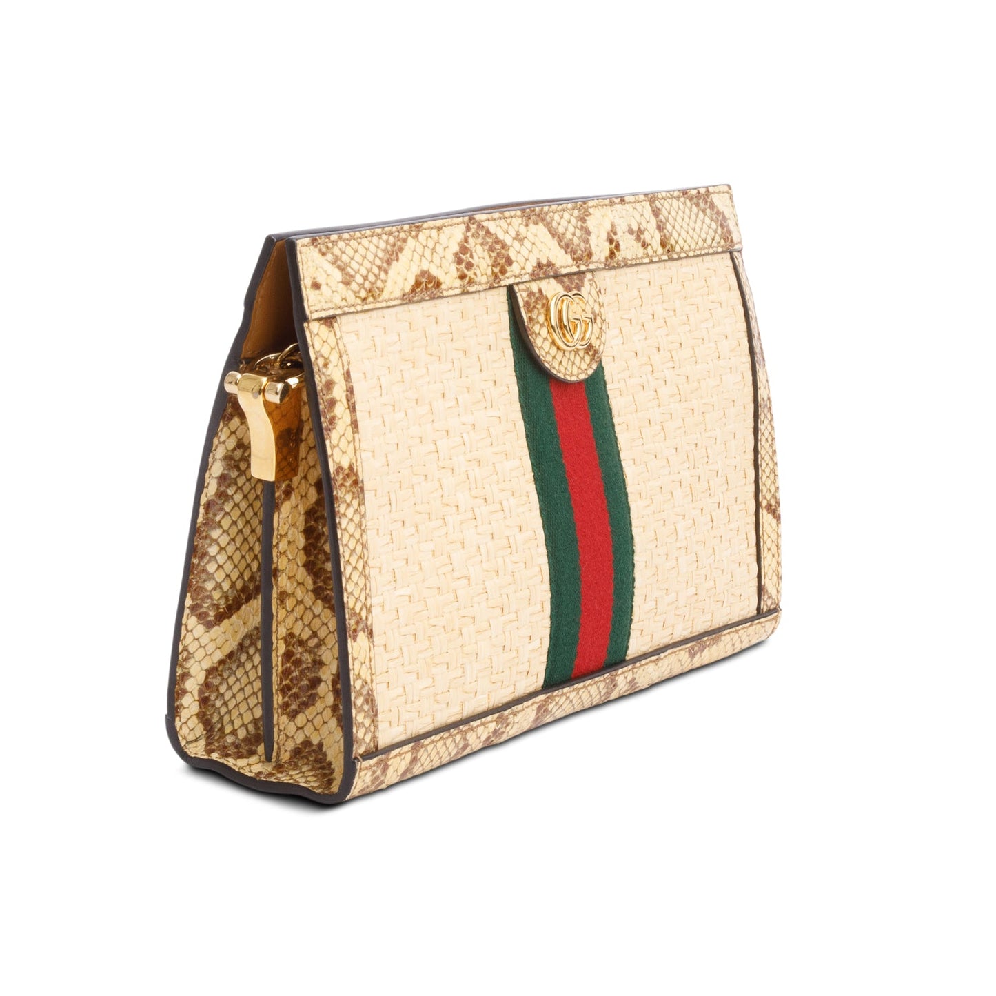 Gucci Beige Raffia Python GG Small Ophidia Chain Shoulder Bag