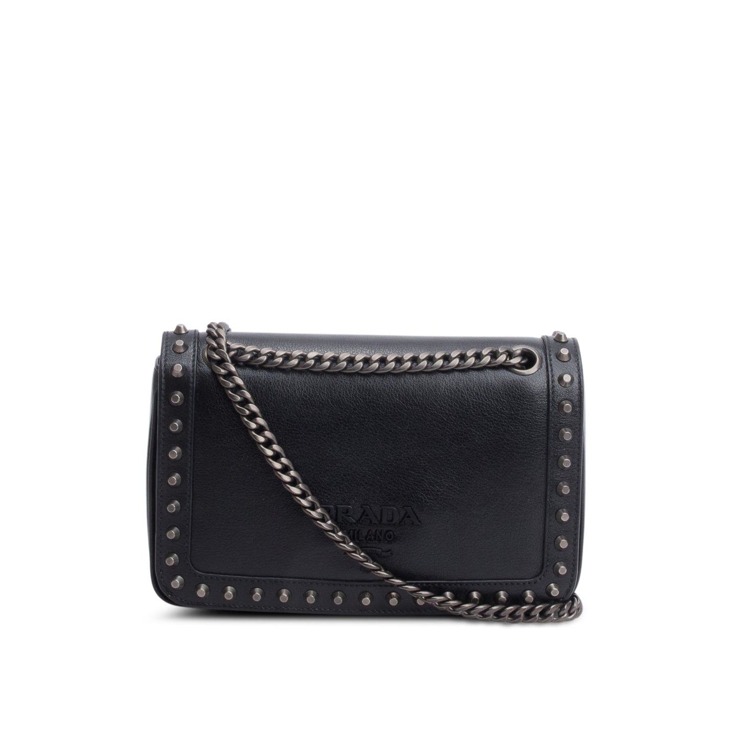 Prada Black Pattina Glace Calf Studded Crossbody Bag