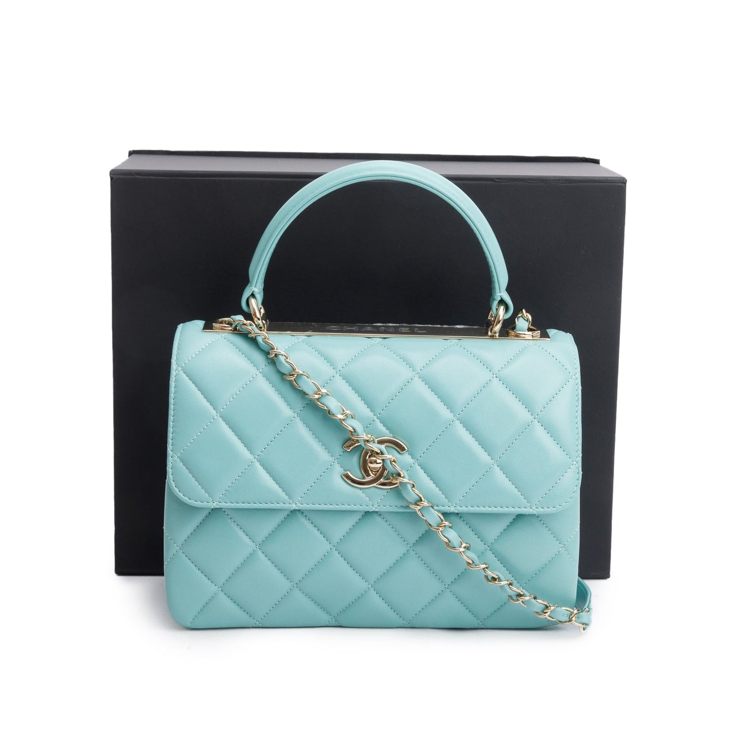 Chanel 2021 Teal Lambskin Quilted Small Trendy Top Handle Bag