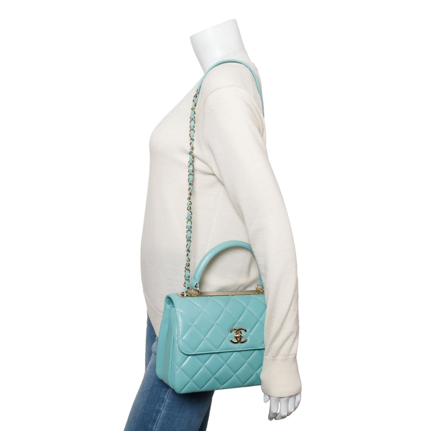 Chanel 2021 Teal Lambskin Quilted Small Trendy Top Handle Bag