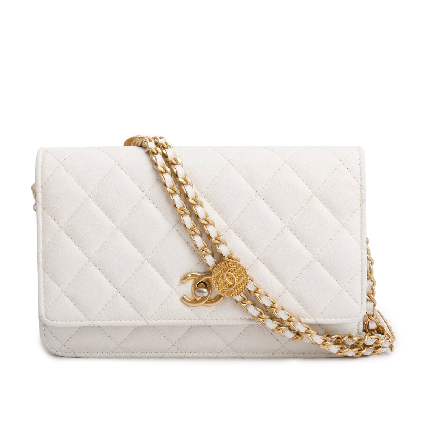 Chanel White Caviar Quilted Twist Your Buttons Wallet on Chain