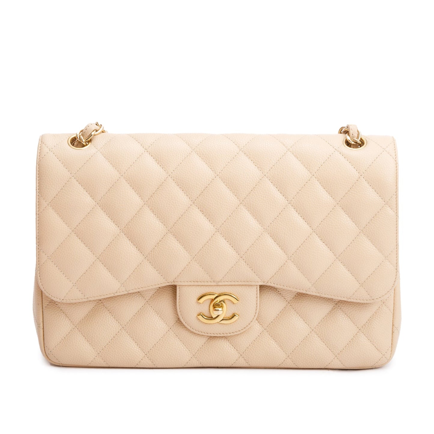 Chanel Beige Quilted Caviar Leather Classic Jumbo Double Flap Bag