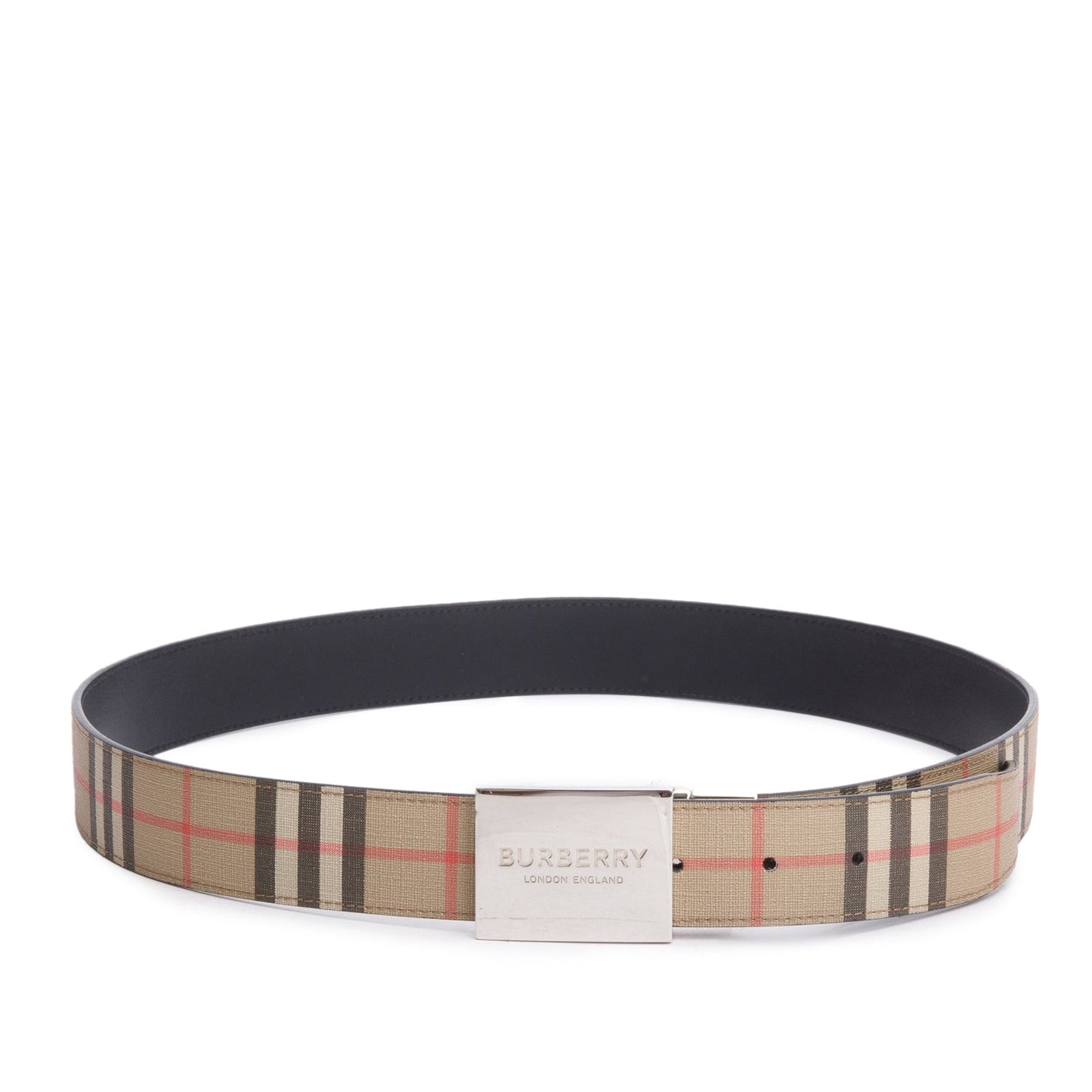 Burberry Biege Check Canvas Black Reversible B Cut Buckle Belt 95 38