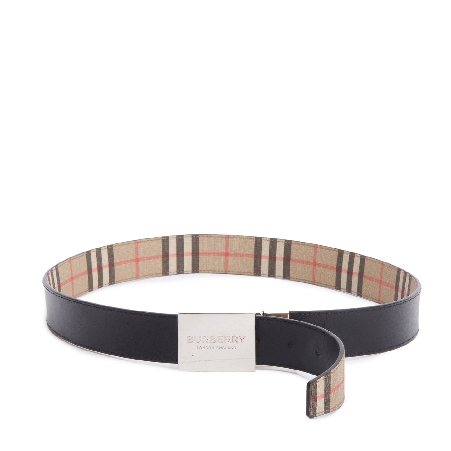 Burberry Biege Check Canvas Black Reversible B Cut Buckle Belt 95 38