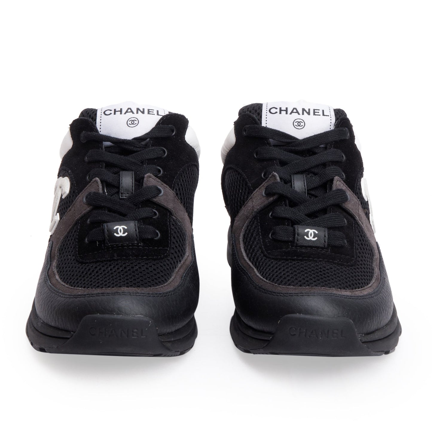 Chanel Black Calfskin Mesh Suede CC Logo Sneakers, Size 38.5