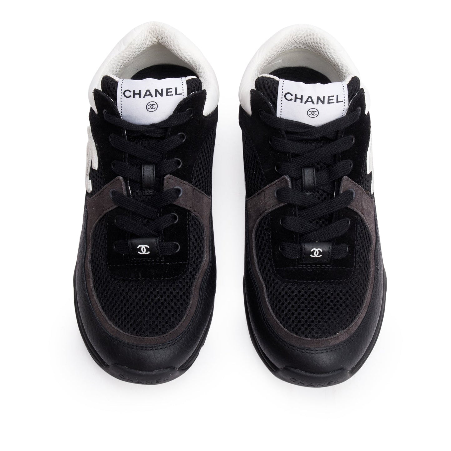 Chanel Black Calfskin Mesh Suede CC Logo Sneakers, Size 38.5