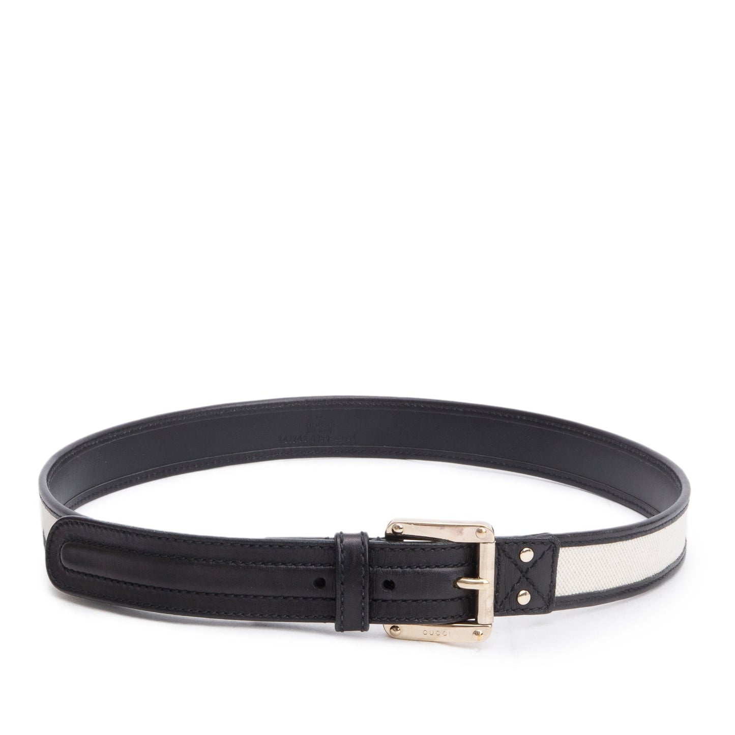 Gucci Neutral Canvas Black Leather Square Buckle Belt 85 34