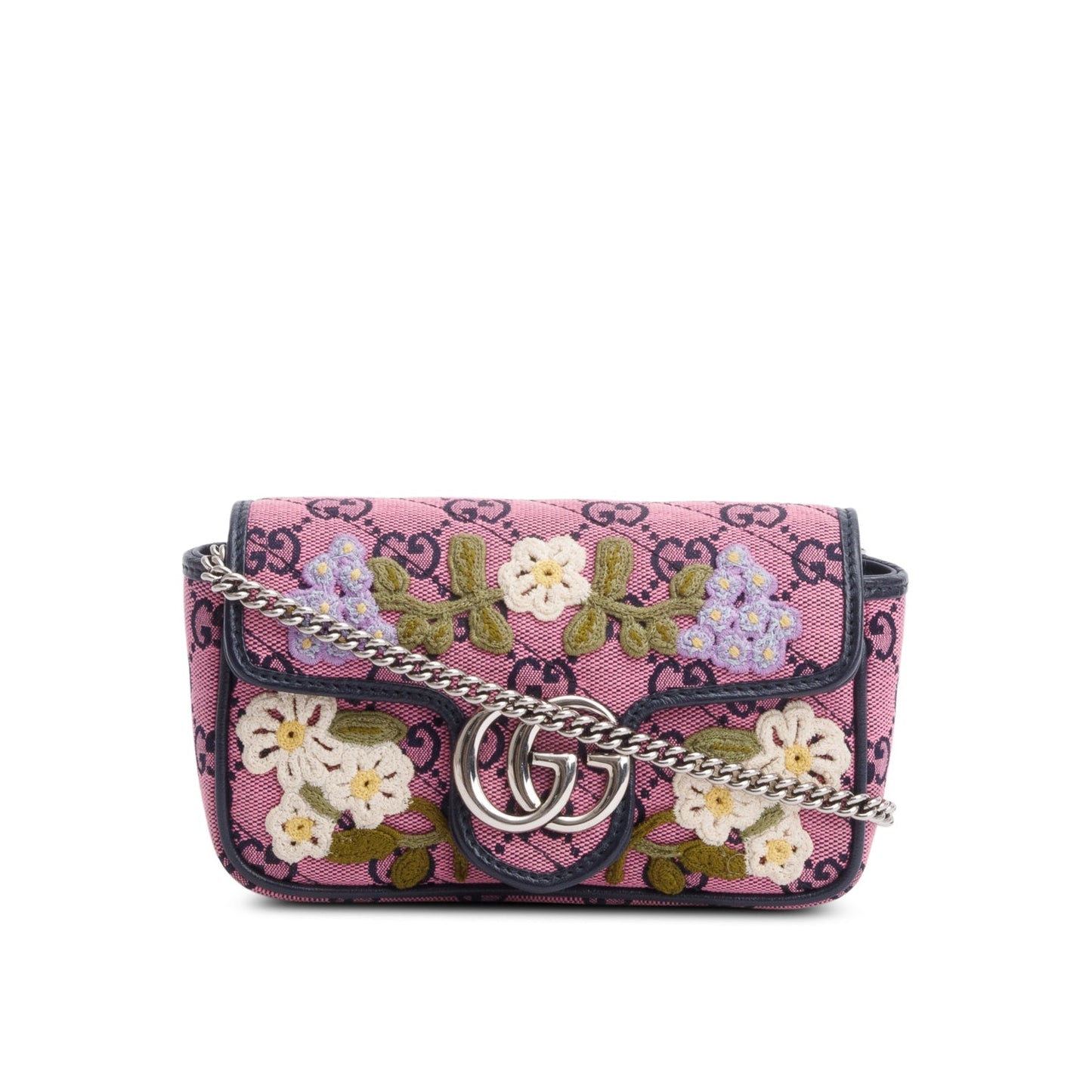 Gucci Pink Monogram Matelasse Floral Embroidered Super Mini GG Marmont Shoulder Bag
