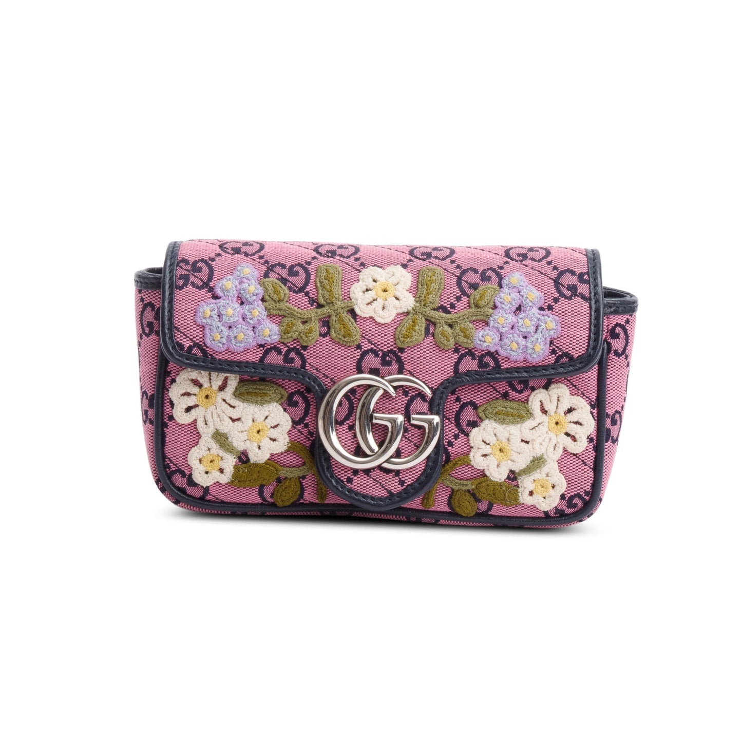 Gucci Pink Monogram Matelasse Floral Embroidered Super Mini GG Marmont Shoulder Bag