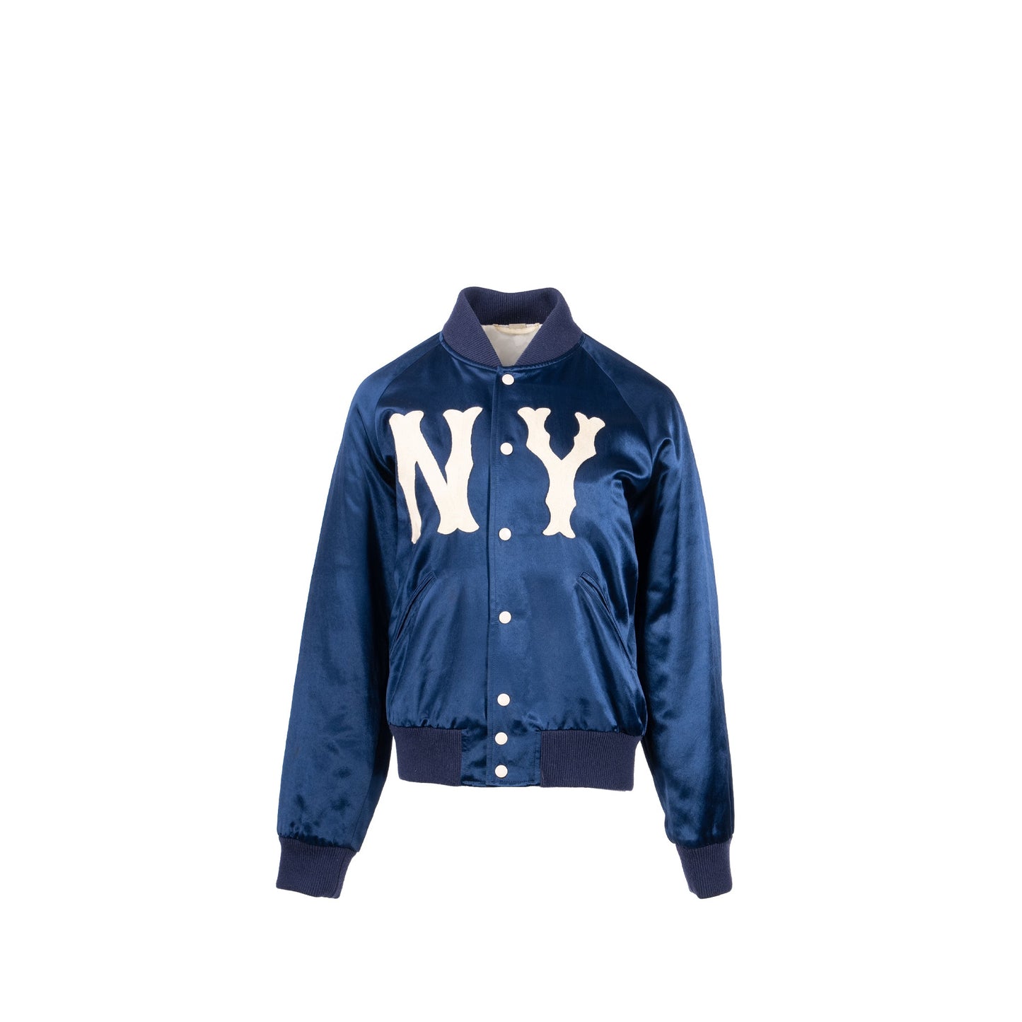 GUCCI Size 48 Yankees Bomber Jacket Satin Blue/White