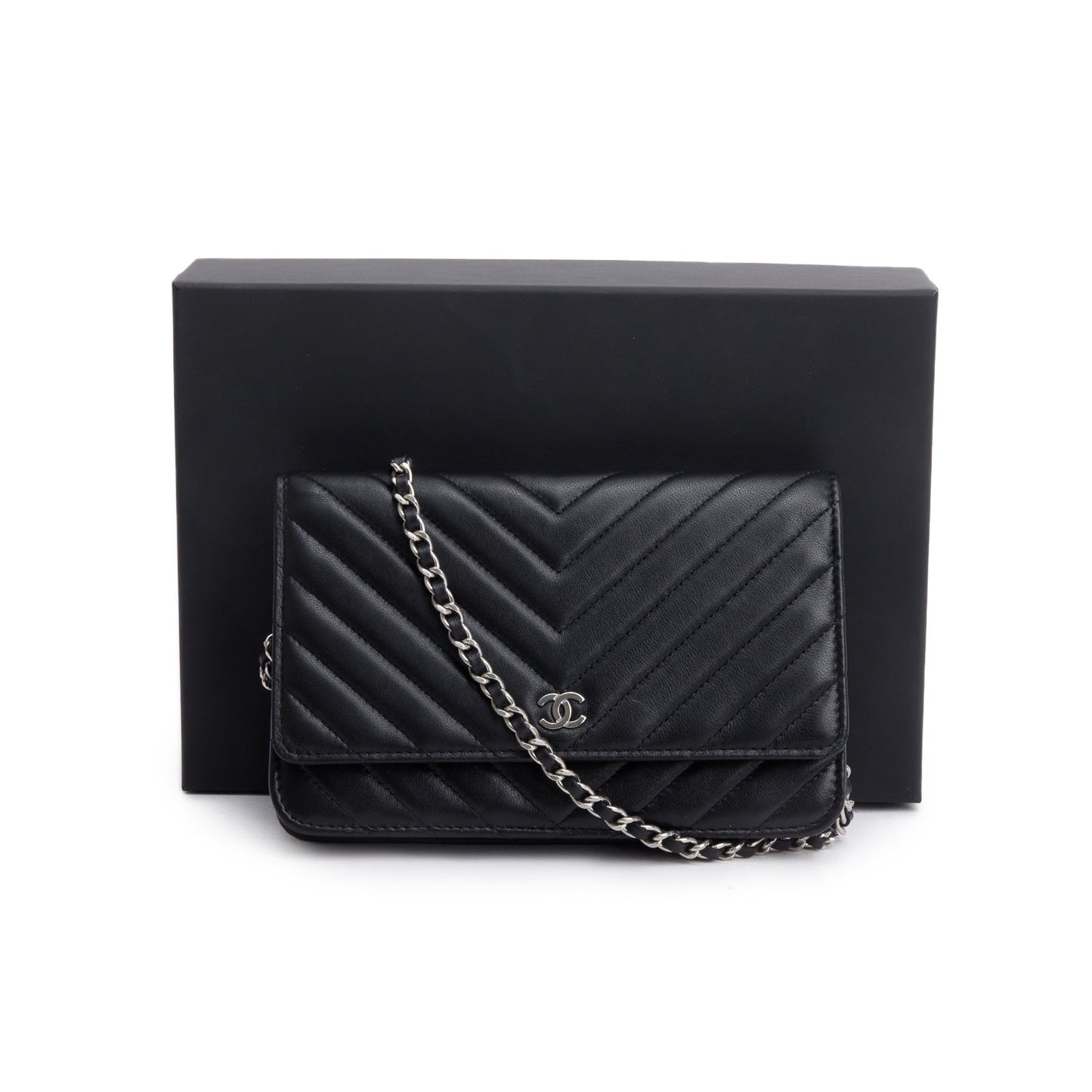 Chanel 2022 Black Chevron Lambskin Wallet on Chain