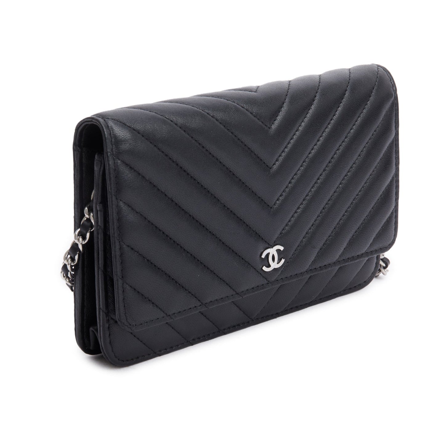 Chanel 2022 Black Chevron Lambskin Wallet on Chain