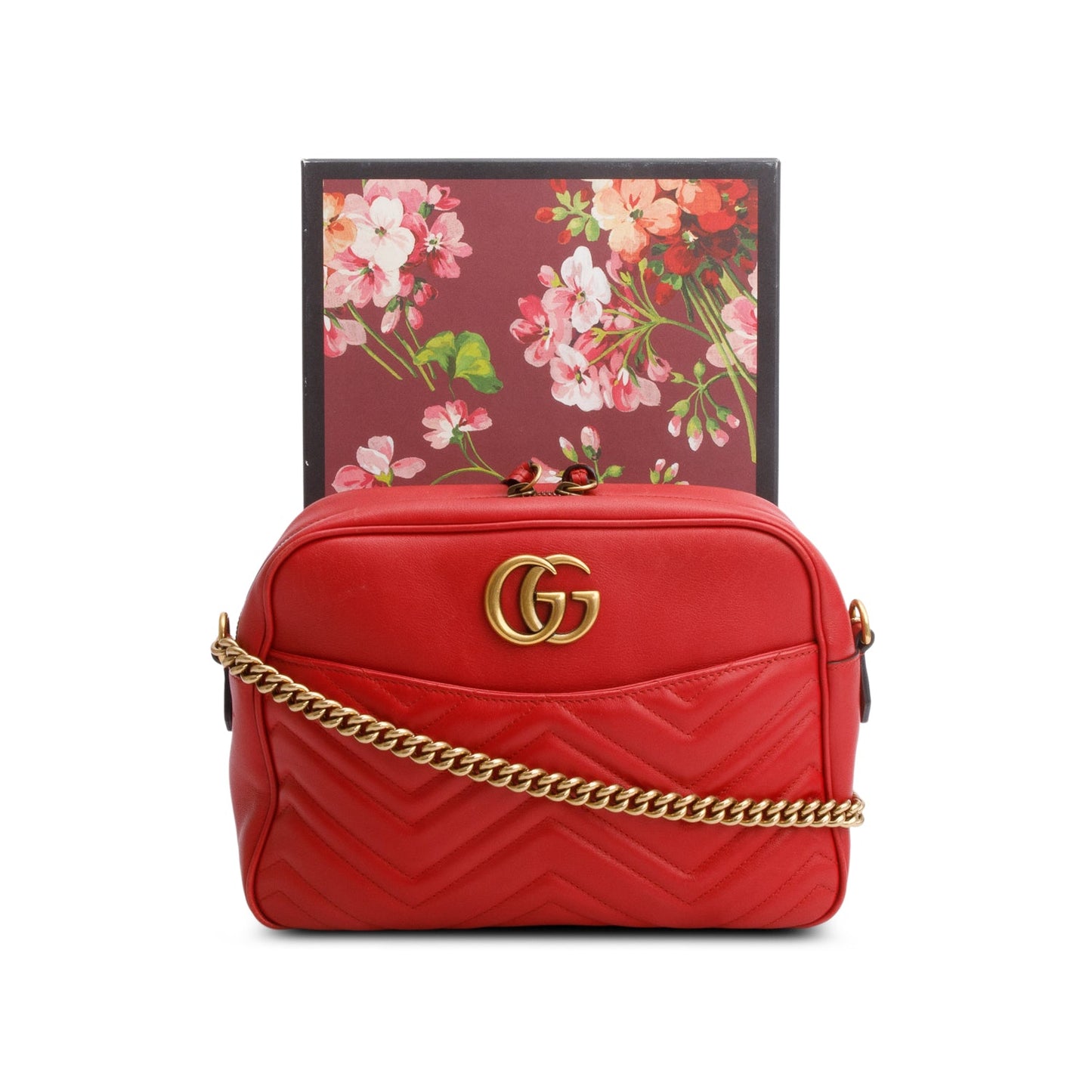 Gucci Red Calfskin Medium GG Marmont Chain Shoulder Bag