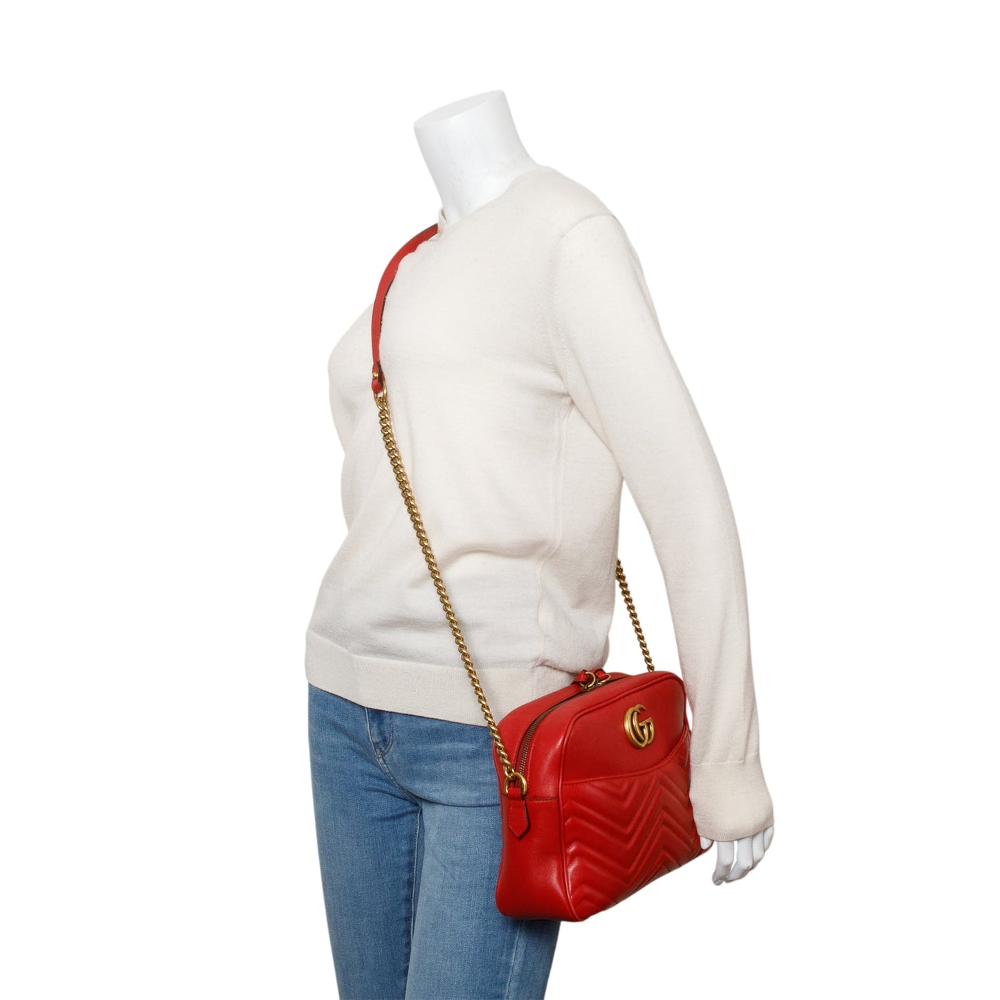 Gucci Red Calfskin Medium GG Marmont Chain Shoulder Bag