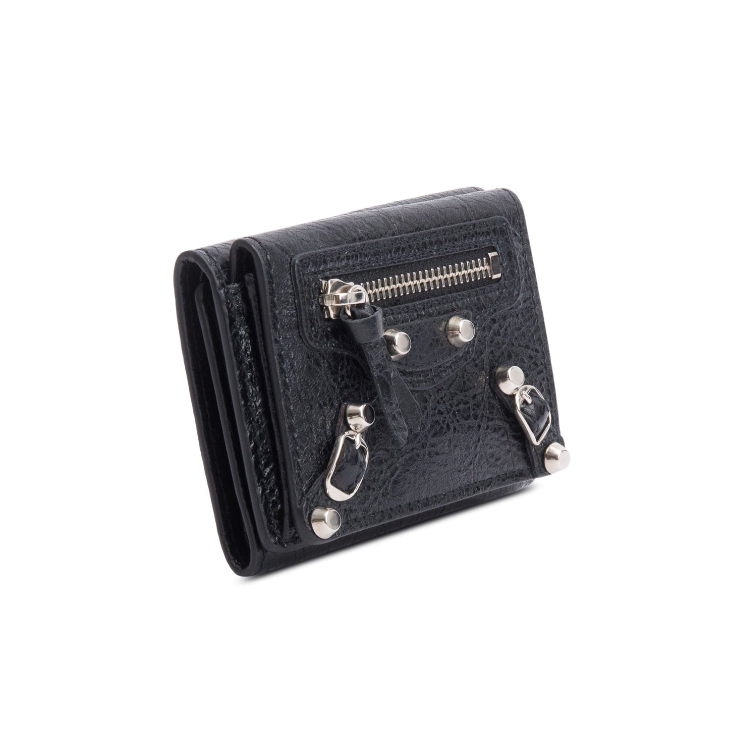 Balenciaga Black Crinkled Calfskin Leather City Mini Trifold Compact Wallet