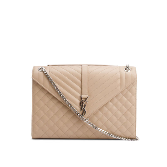 Saint Laurent Beige Quilted Grain De Poudre Leather Large Envelope Chain Bag