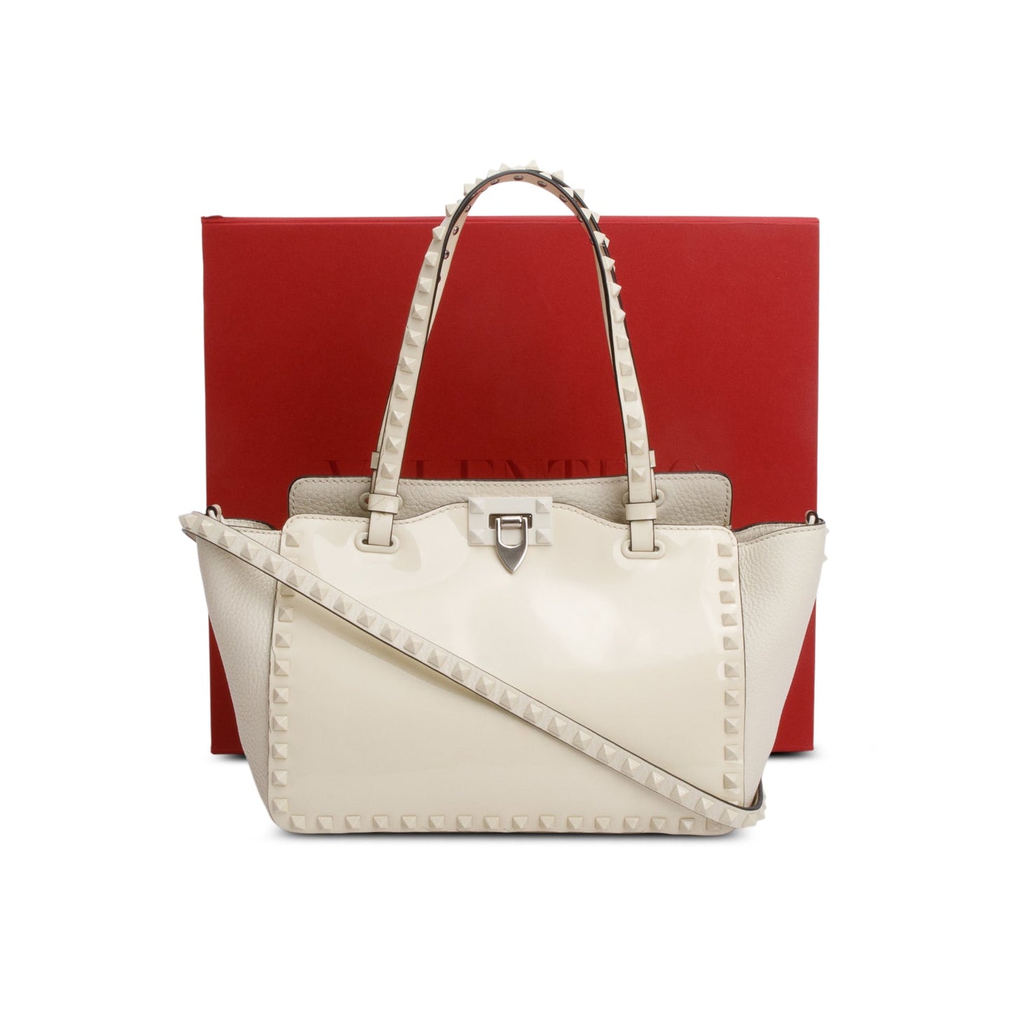 Valentino White Patent & Calfskin Leather Small Rockstud Tote Bag