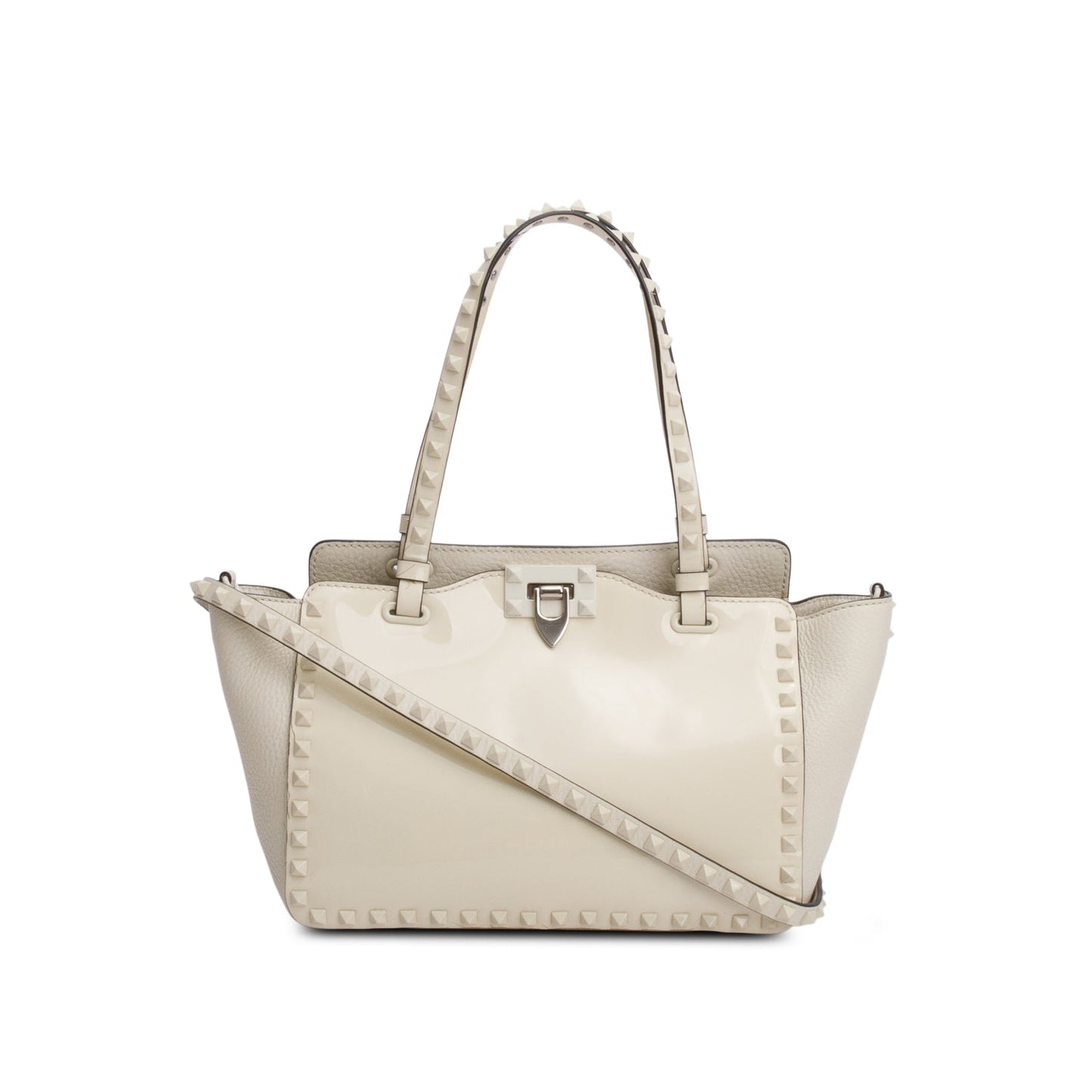 Valentino White Patent & Calfskin Leather Small Rockstud Tote Bag